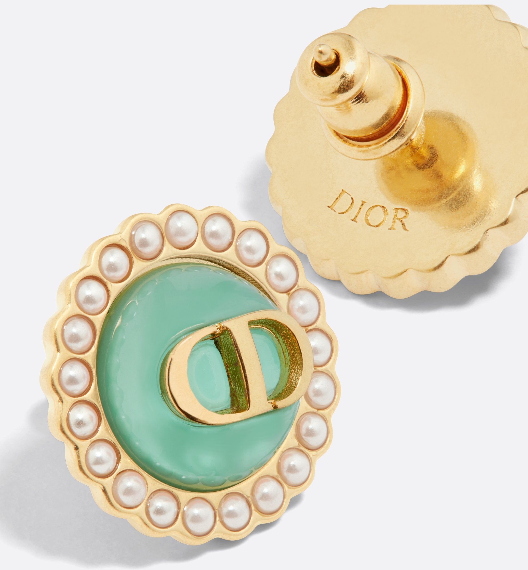 Dioriviera Petit Cd Baroque Stud Earrings Gold Finish Metal, White Resin Pearls And Aquamarina Glass