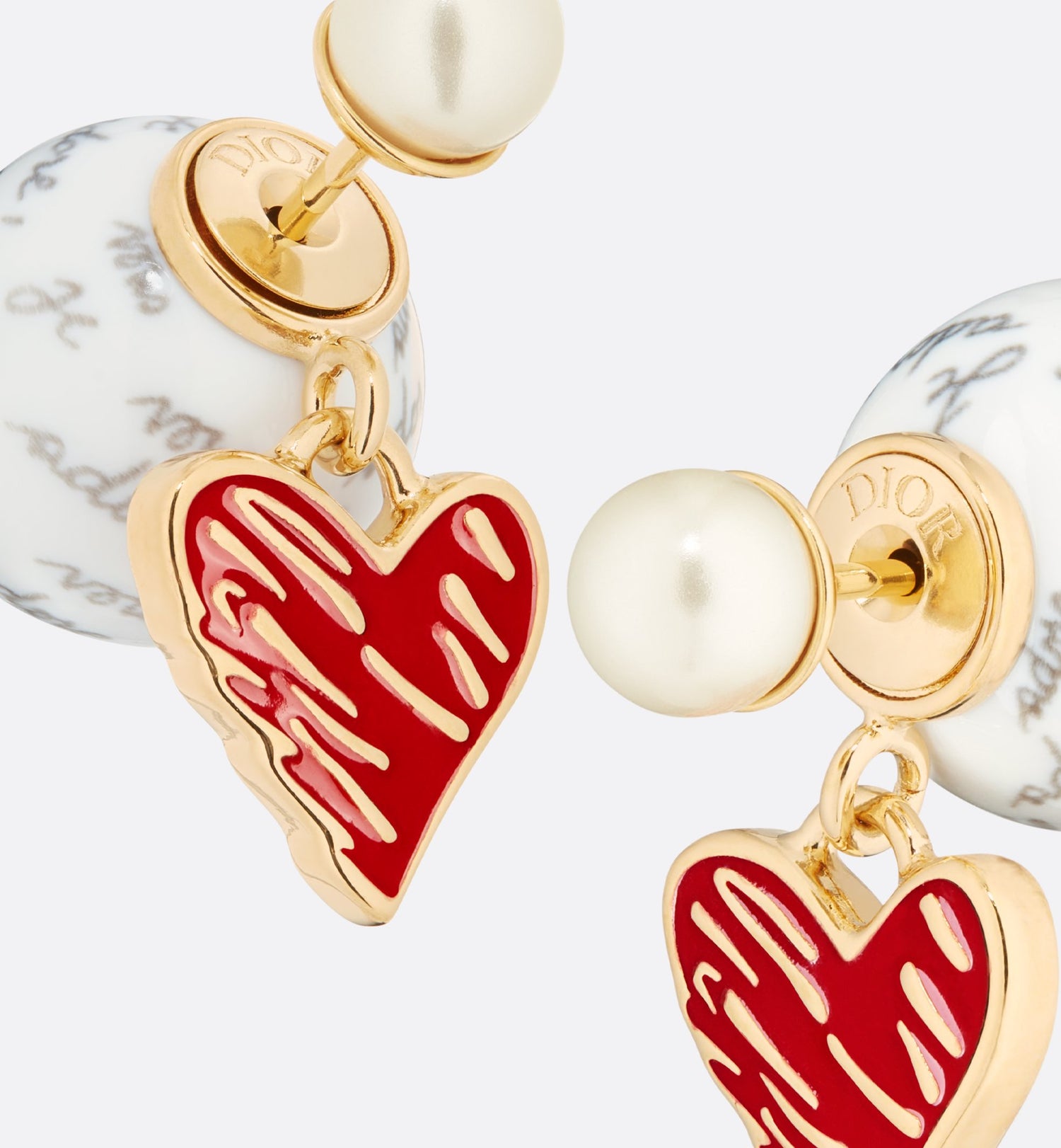 Dioramour Tribales Earrings Gold Finish Metal With White Resin Pearls And Red Lacquer