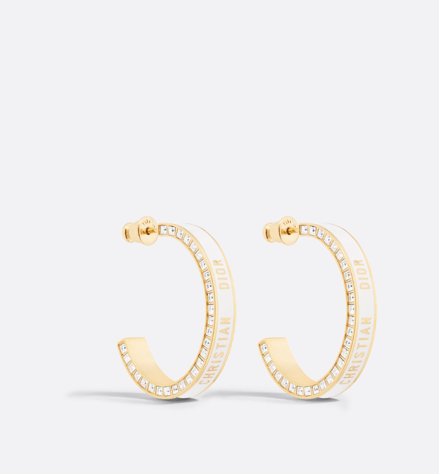 Large Dior Night Code Hoop Earrings Gold Finish Metal, White Crystals And White Lacquer