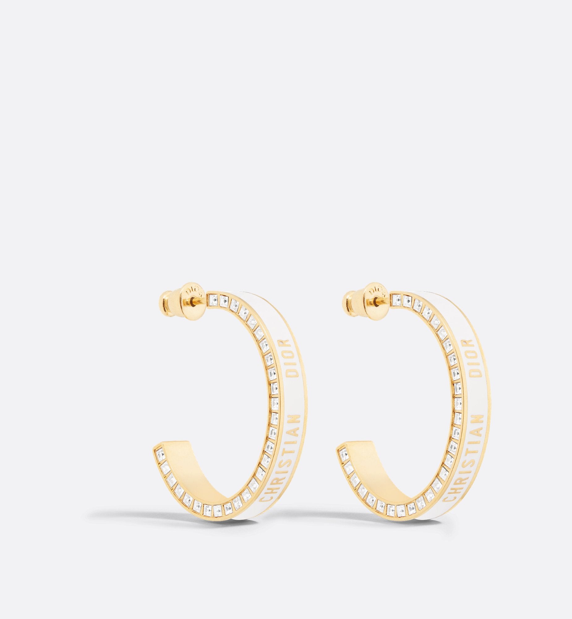 Large Dior Night Code Hoop Earrings Gold Finish Metal, White Crystals And White Lacquer