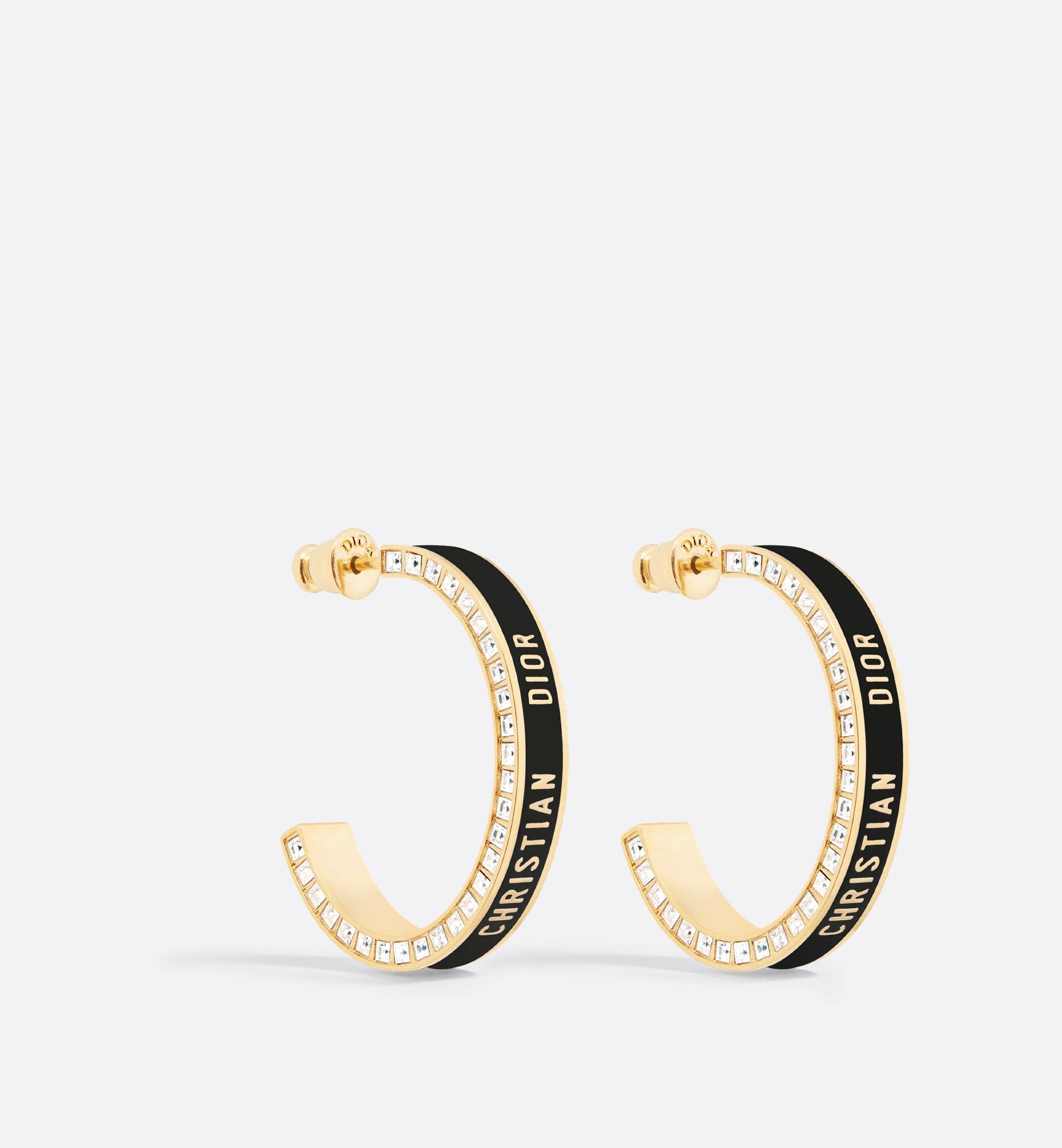 Large Dior Night Code Hoop Earrings Gold Finish Metal, White Crystals And Black Lacquer