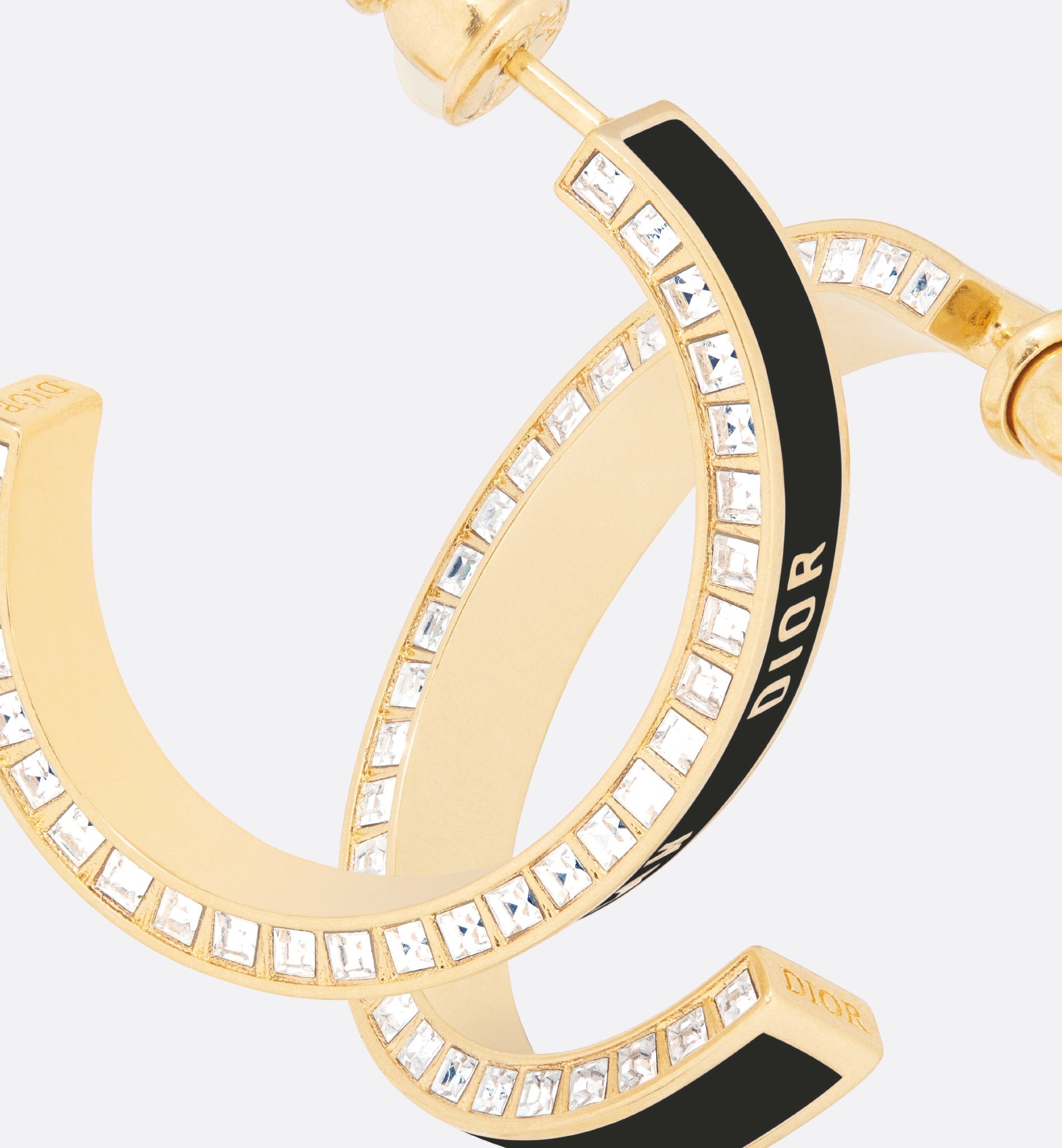 Large Dior Night Code Hoop Earrings Gold Finish Metal, White Crystals And Black Lacquer