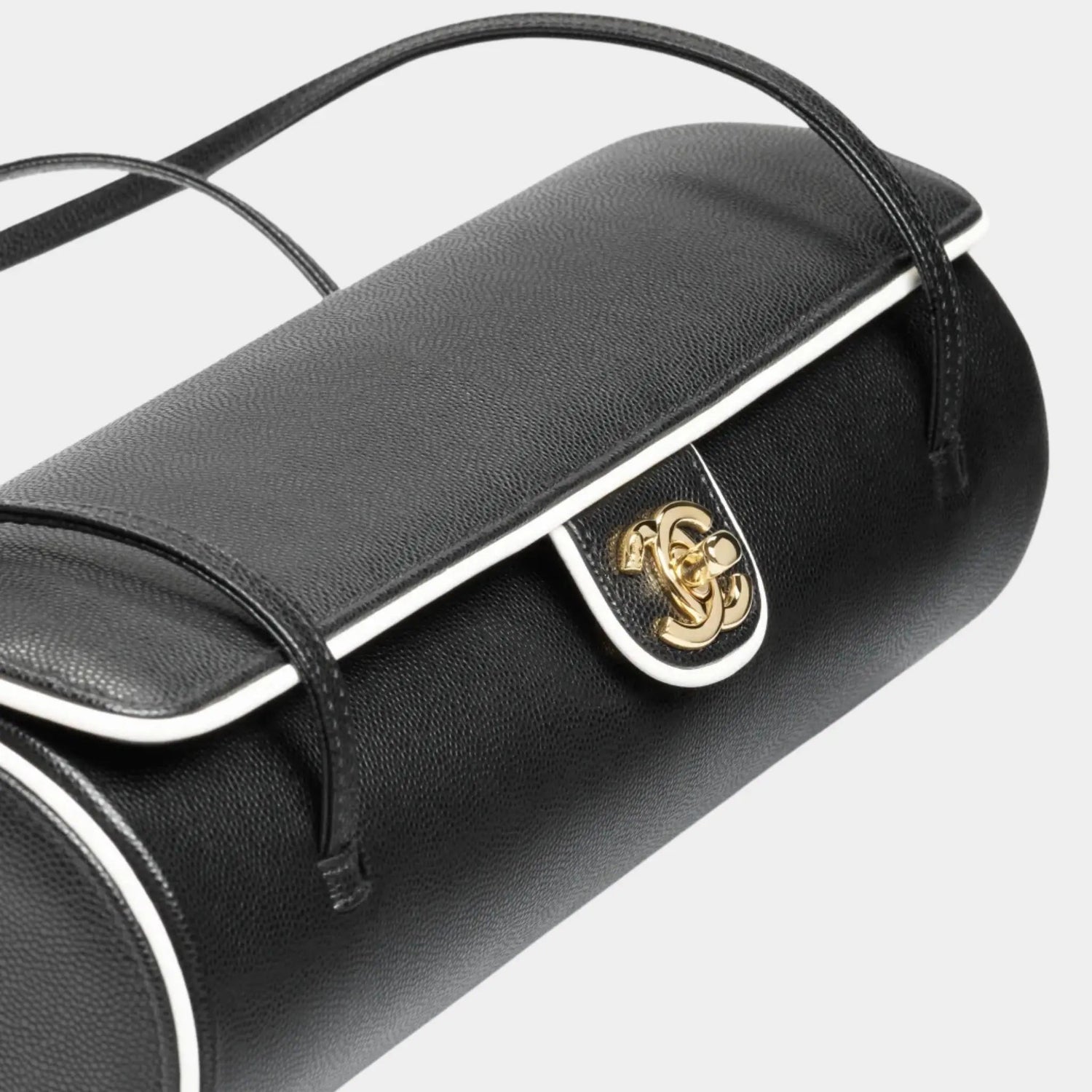 Large Bowling Bag Grained veal lamb &amp; Gold-Plated Metal Black &amp; white