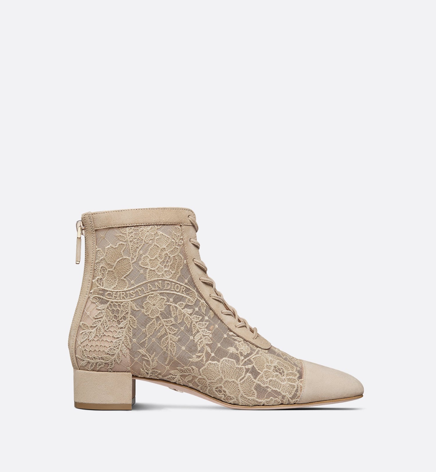 Naughtily D Heeled Ankle Boot Transparent Mesh With Sand-Colored Dior Roses Embroidery And Suede Goatskin