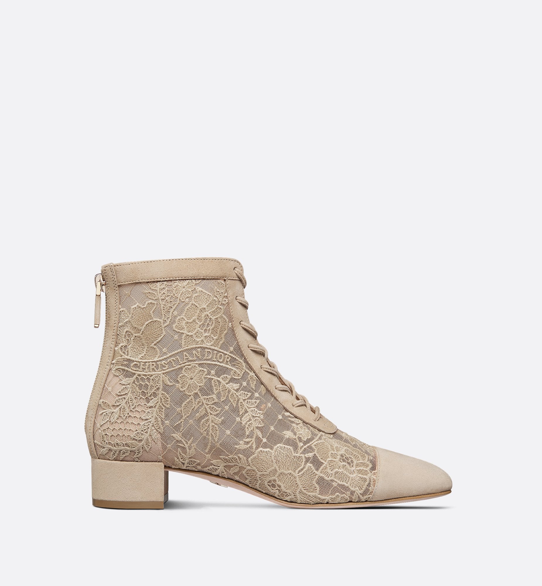 Naughtily-D Heeled Ankle Boot Transparent Mesh With Sand-Colored Dior Roses Embroidery And Suede Goatskin