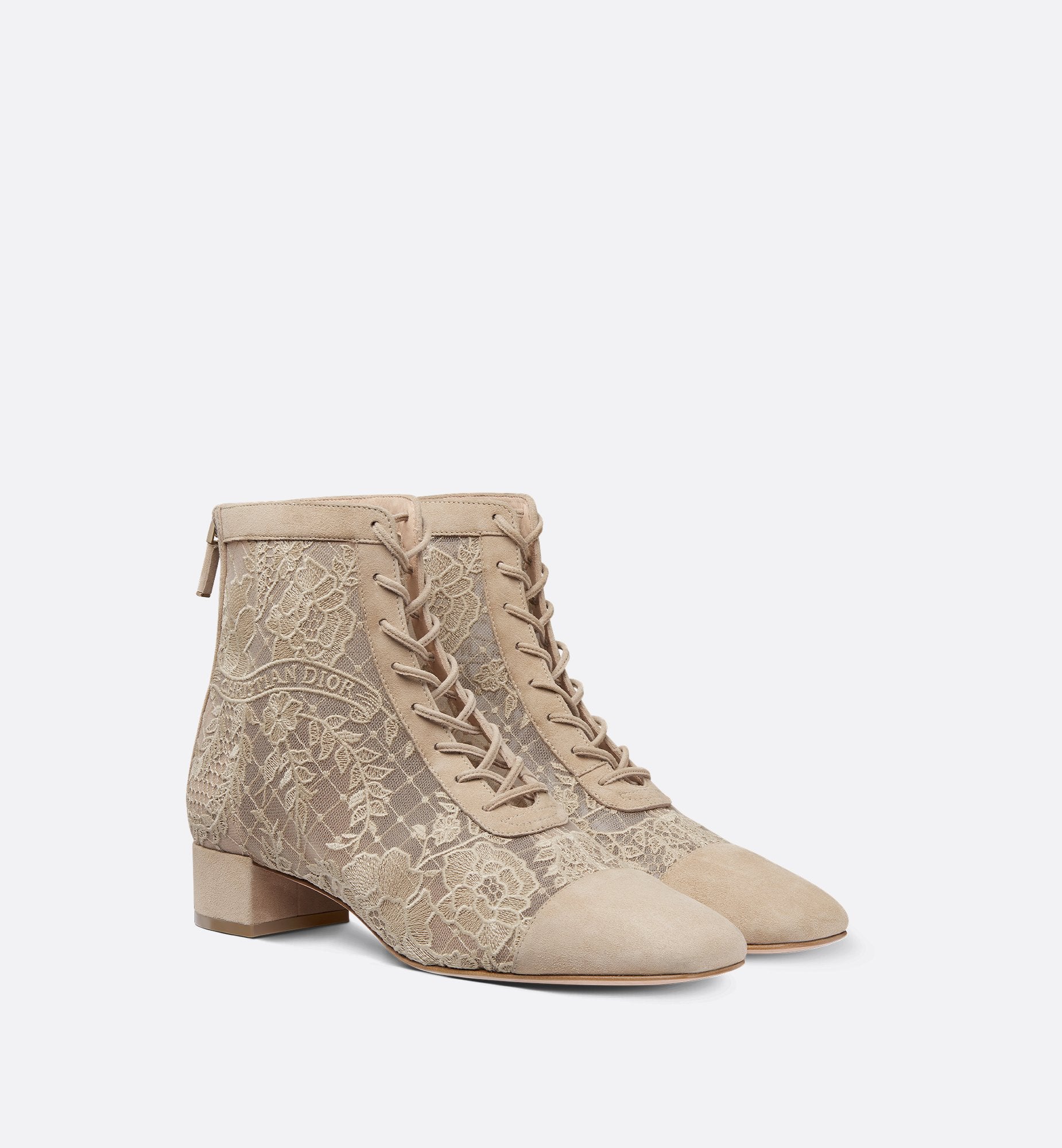 Naughtily-D Heeled Ankle Boot Transparent Mesh With Sand-Colored Dior Roses Embroidery And Suede Goatskin