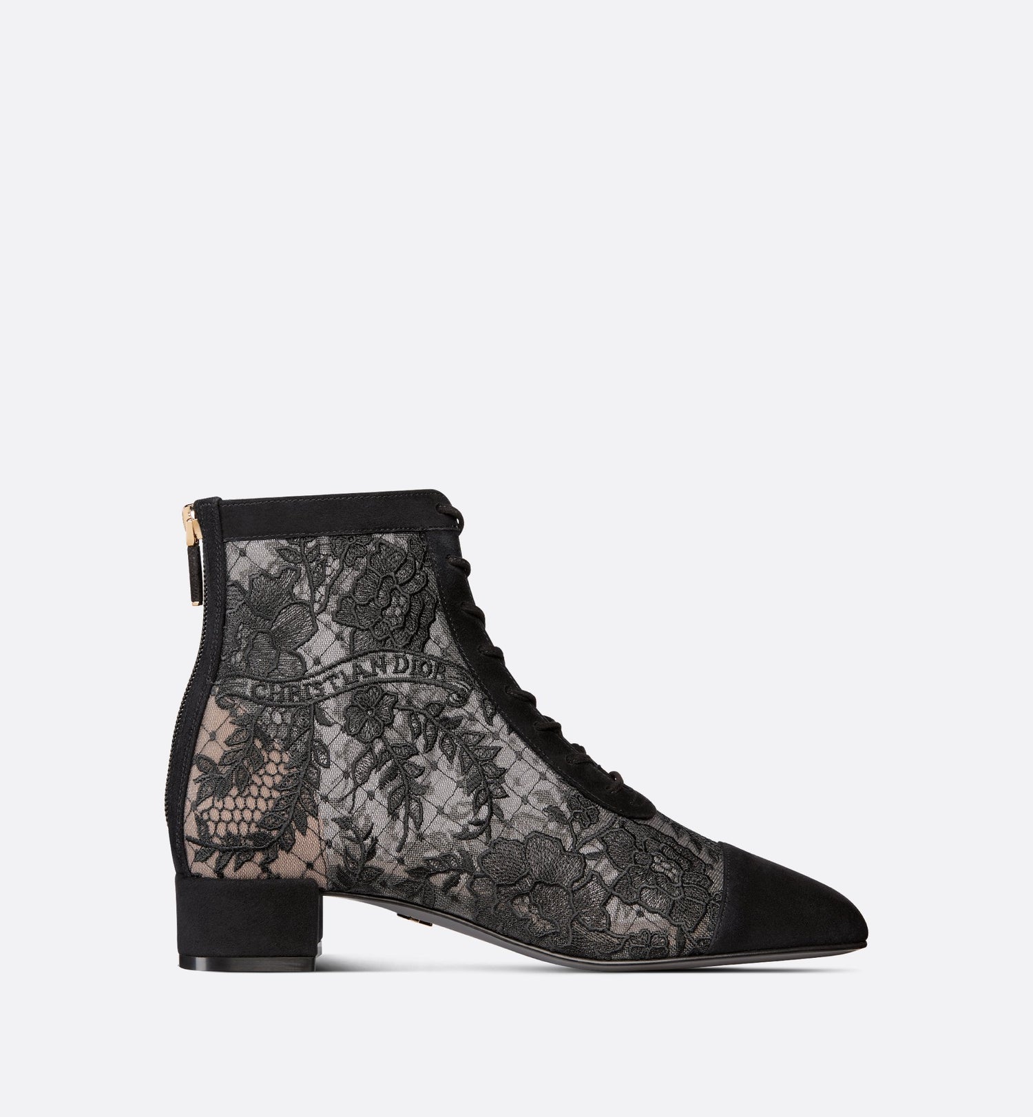 Naughtily D Heeled Ankle Boot Transparent Mesh With Black Dior Roses Embroidery And Suede Goatskin