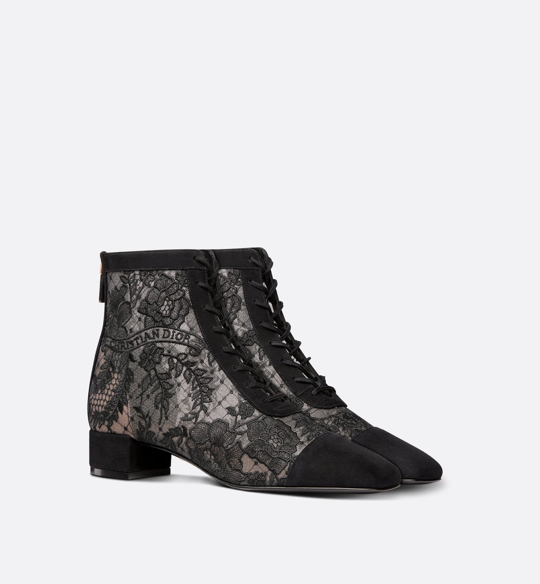 Naughtily-D Heeled Ankle Boot Transparent Mesh With Black Dior Roses Embroidery And Suede Goatskin