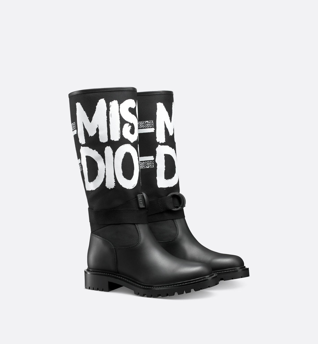 D-Major Boot Black Technical Fabric With White Miss Dior Graffiti Print And Black Calfskin