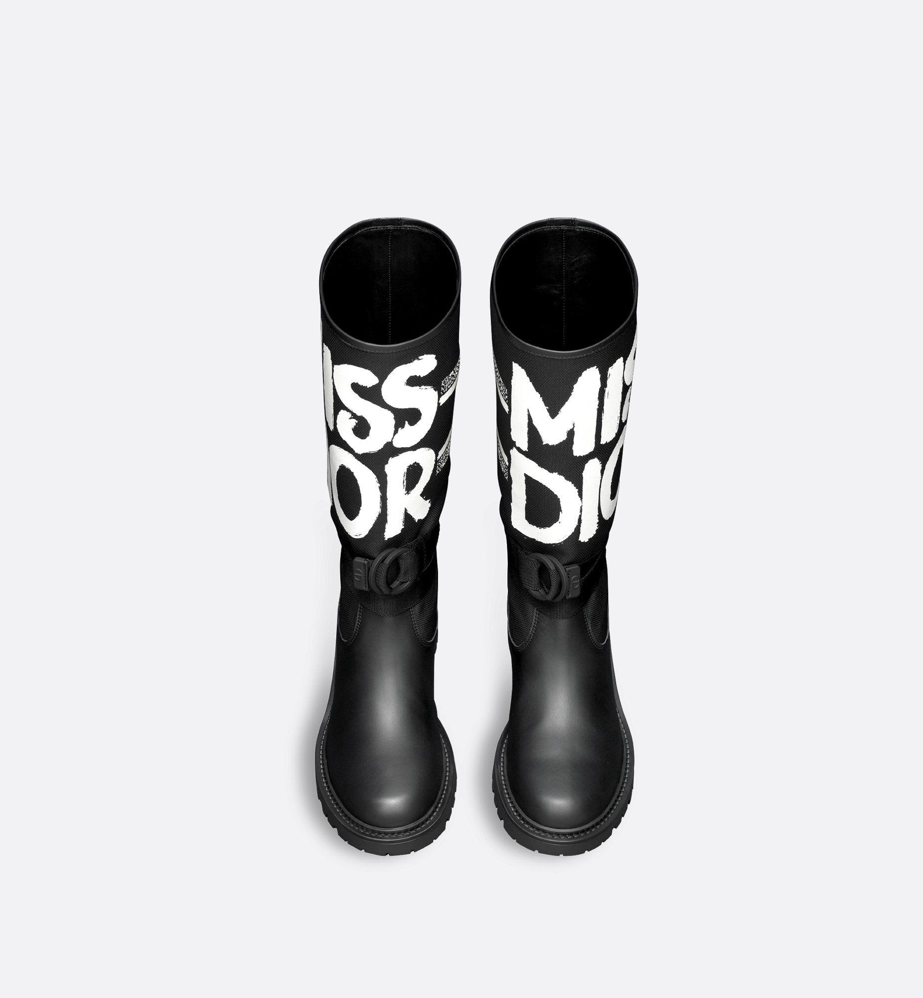 D-Major Boot Black Technical Fabric With White Miss Dior Graffiti Print And Black Calfskin