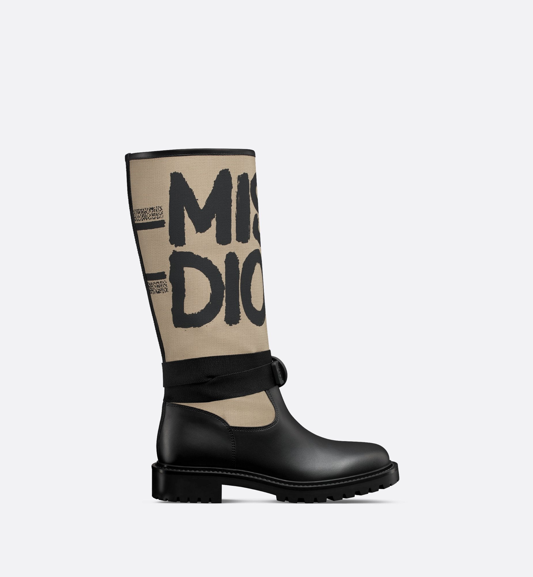 D Major Boot Warm Taupe Technical Canvas With Black Miss Dior Graffiti Print And Black Calfskin