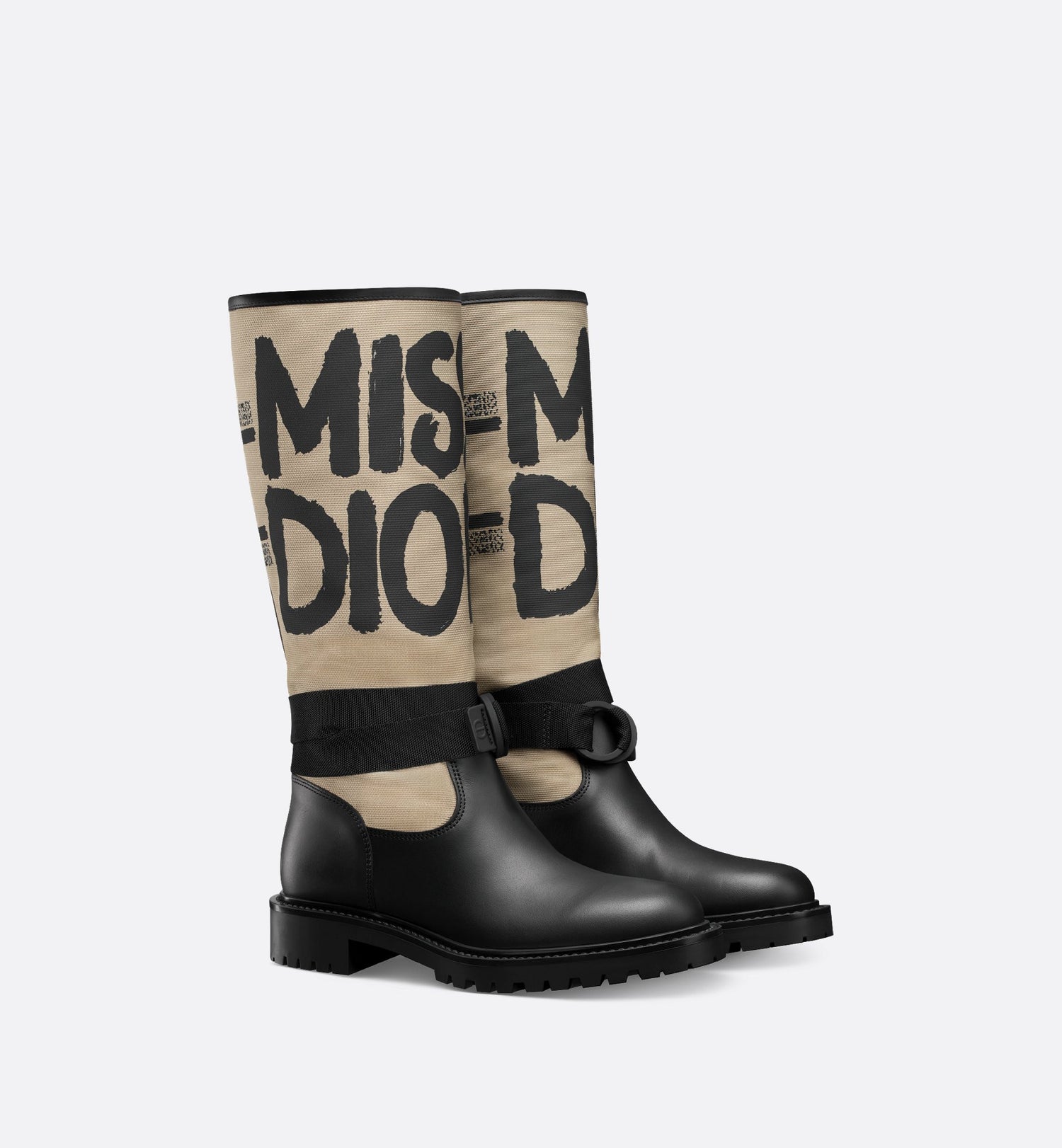 D-Major Boot Warm Taupe Technical Canvas With Black Miss Dior Graffiti Print And Black Calfskin