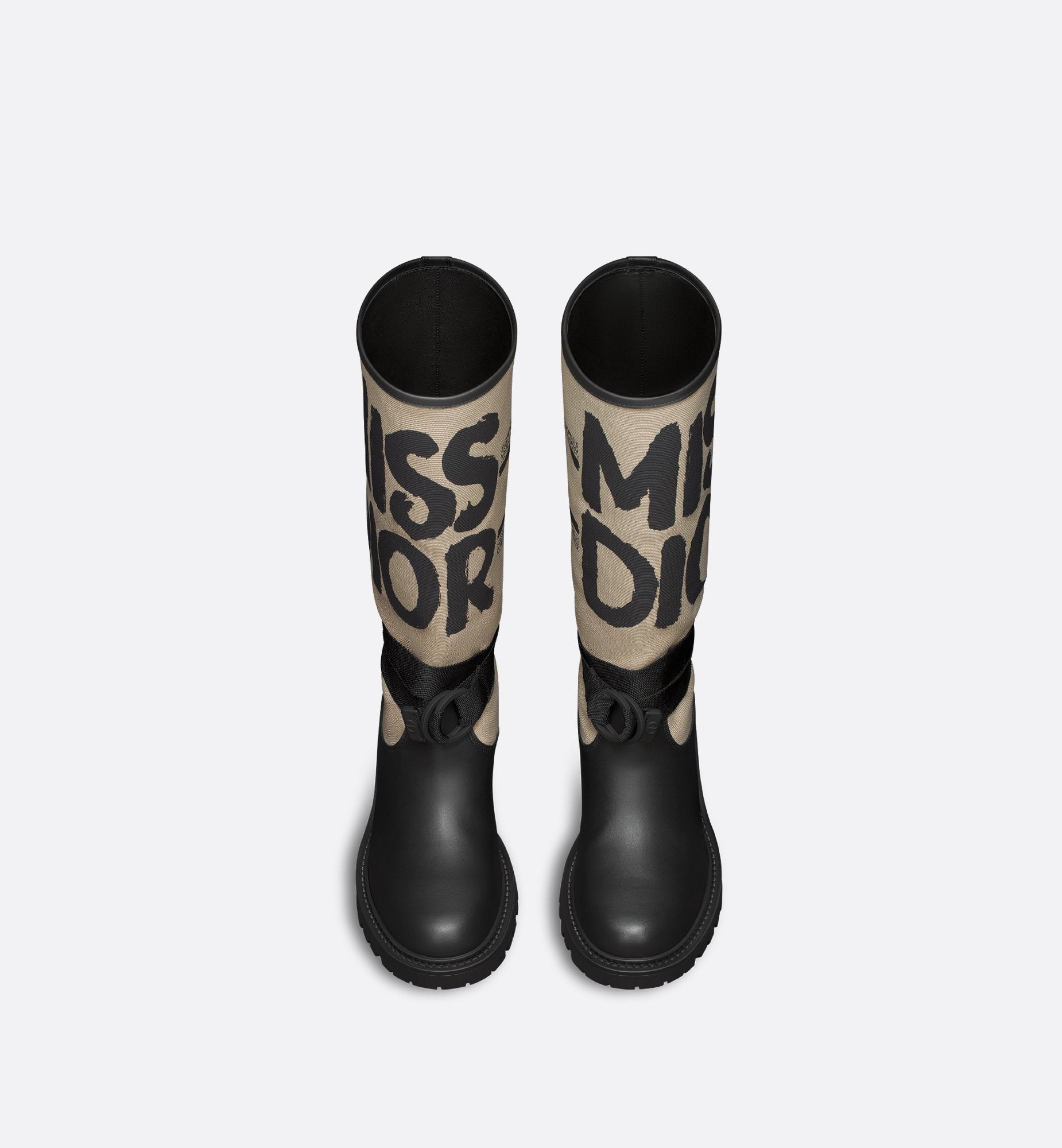 D Major Boot Warm Taupe Technical Canvas With Black Miss Dior Graffiti Print And Black Calfskin