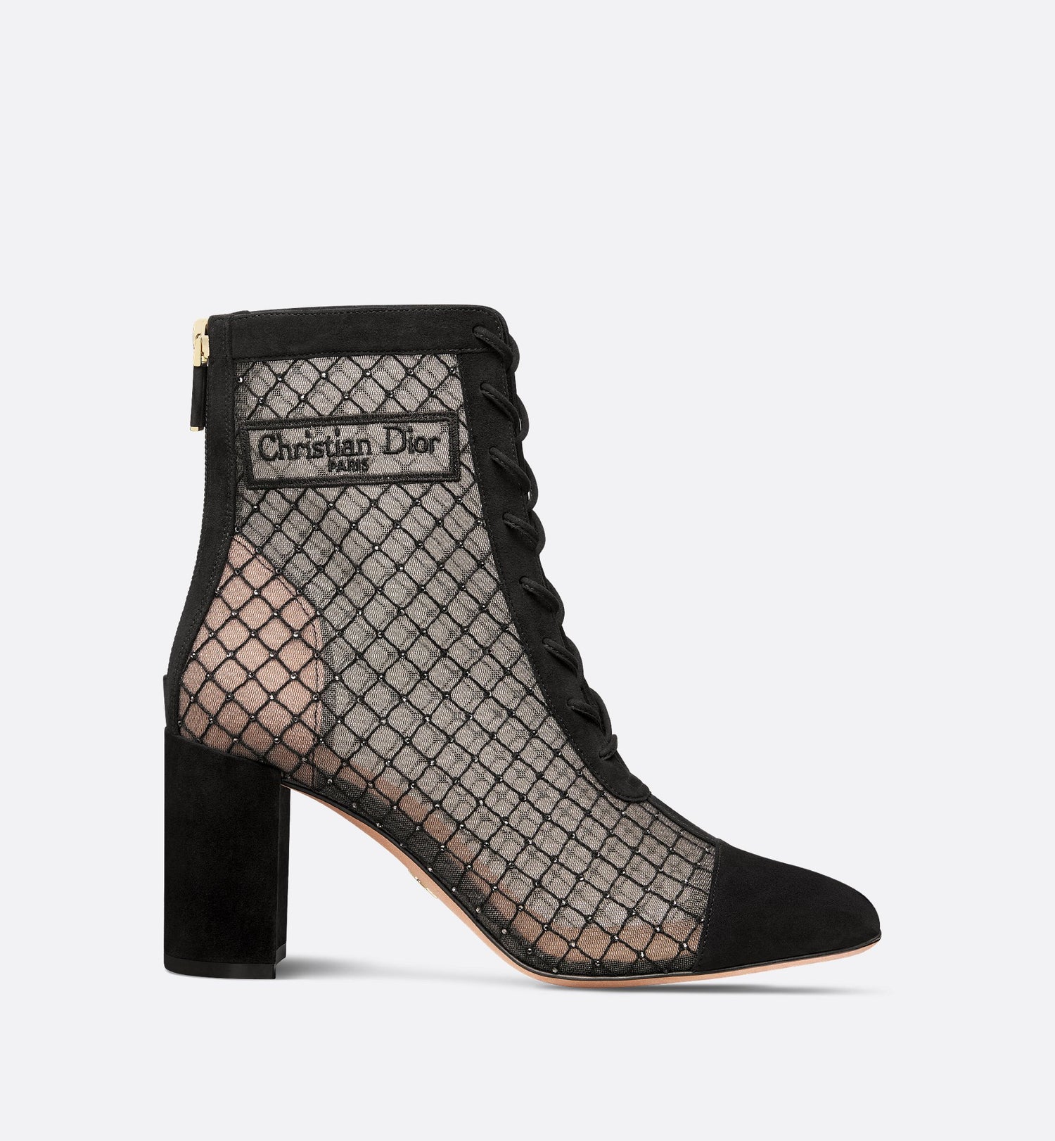 Naughtily-D Heeled Ankle Boot Transparent Mesh Embroidered With Silver-Tone Strass And Black Suede Goatskin