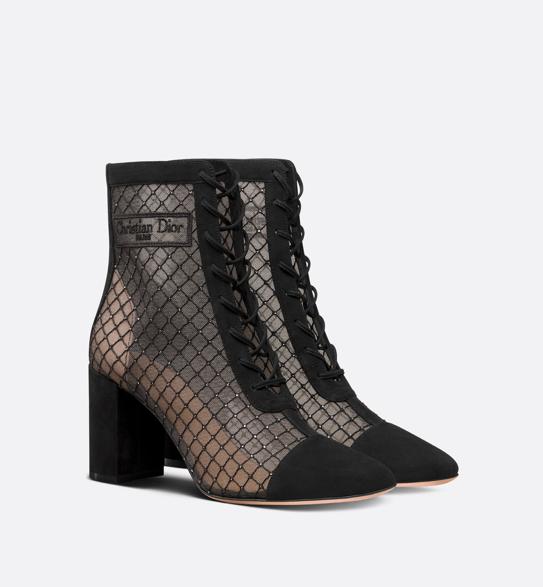 Naughtily-D Heeled Ankle Boot Transparent Mesh Embroidered With Silver-Tone Strass And Black Suede Goatskin