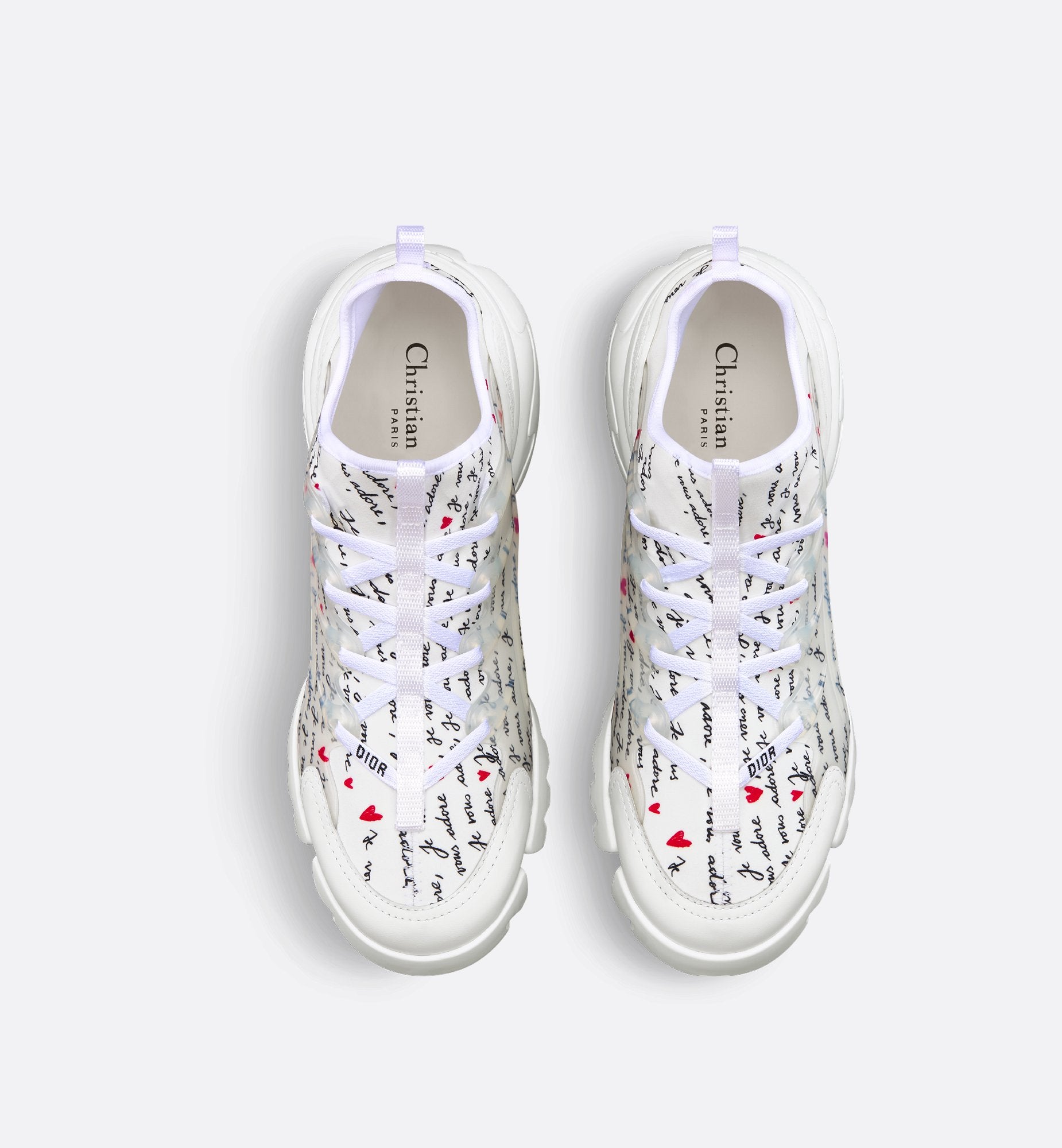 D-Connect Dioramour Sneaker White Technical Fabric Printed With Black And Red Je Vous Adore Motif