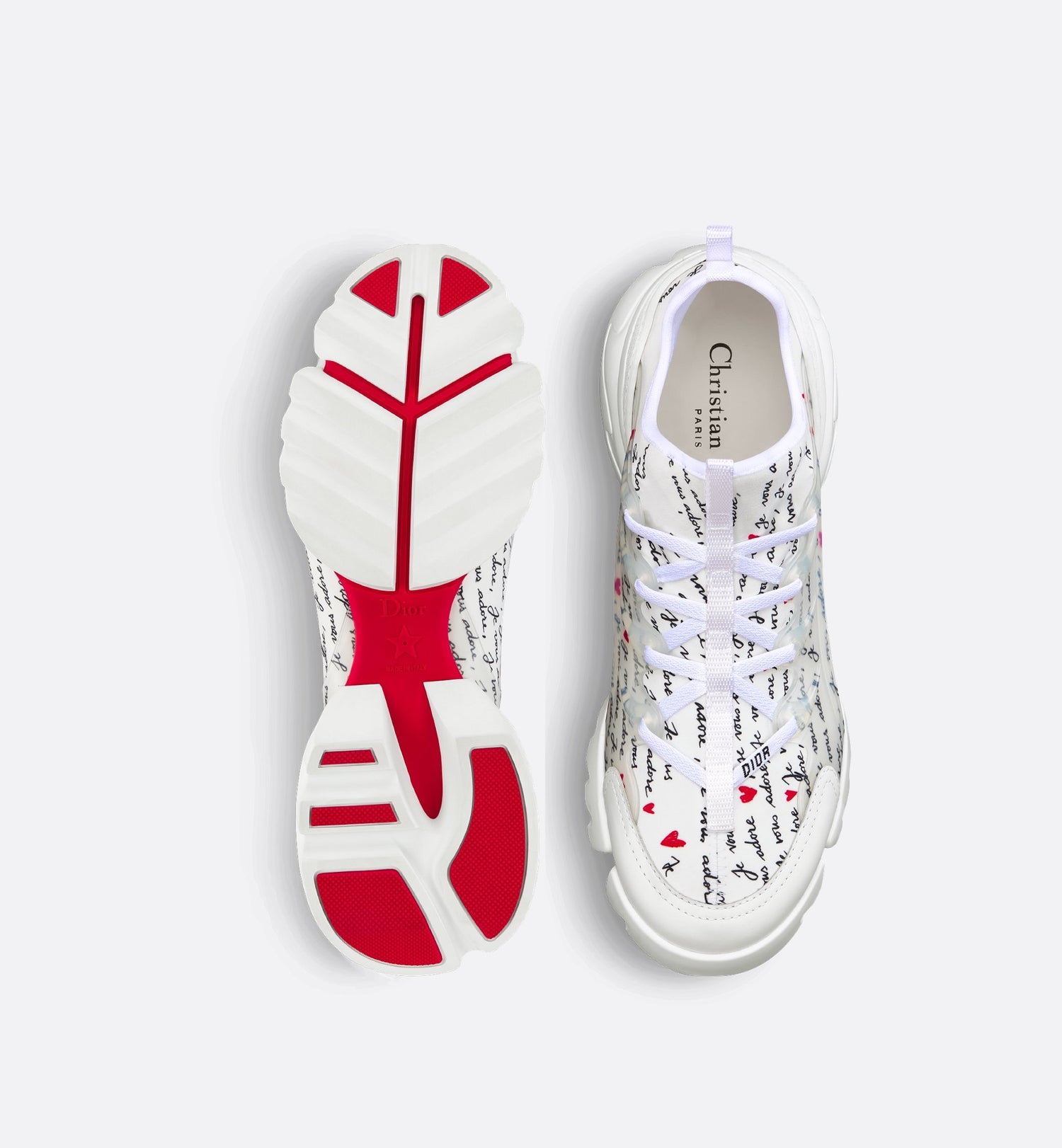 D-Connect Dioramour Sneaker White Technical Fabric Printed With Black And Red Je Vous Adore Motif