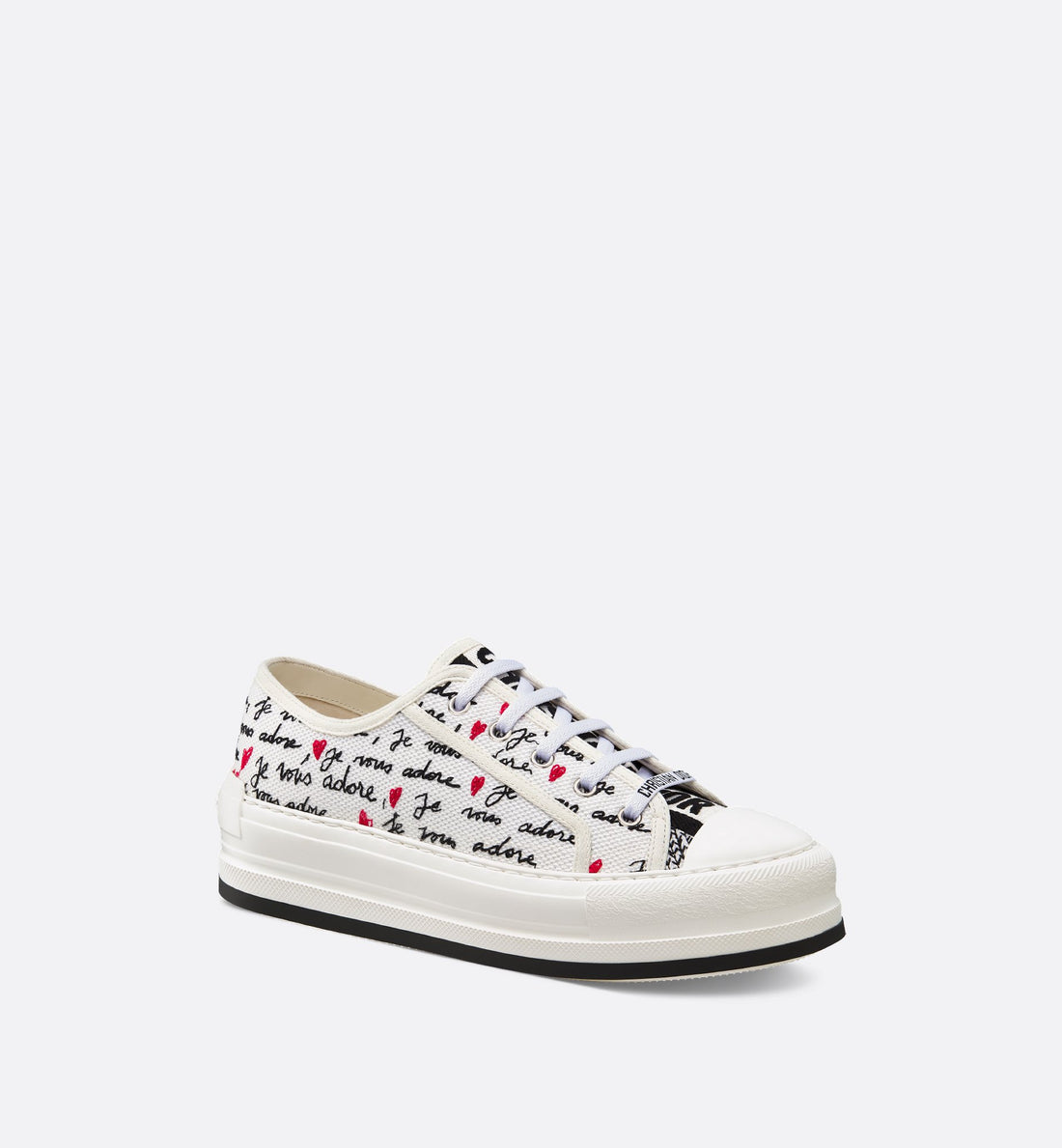 Dioramour Walk N Dior Platform Sneaker White Cotton With Embroidered Black And Red Je Vous Adore Motif