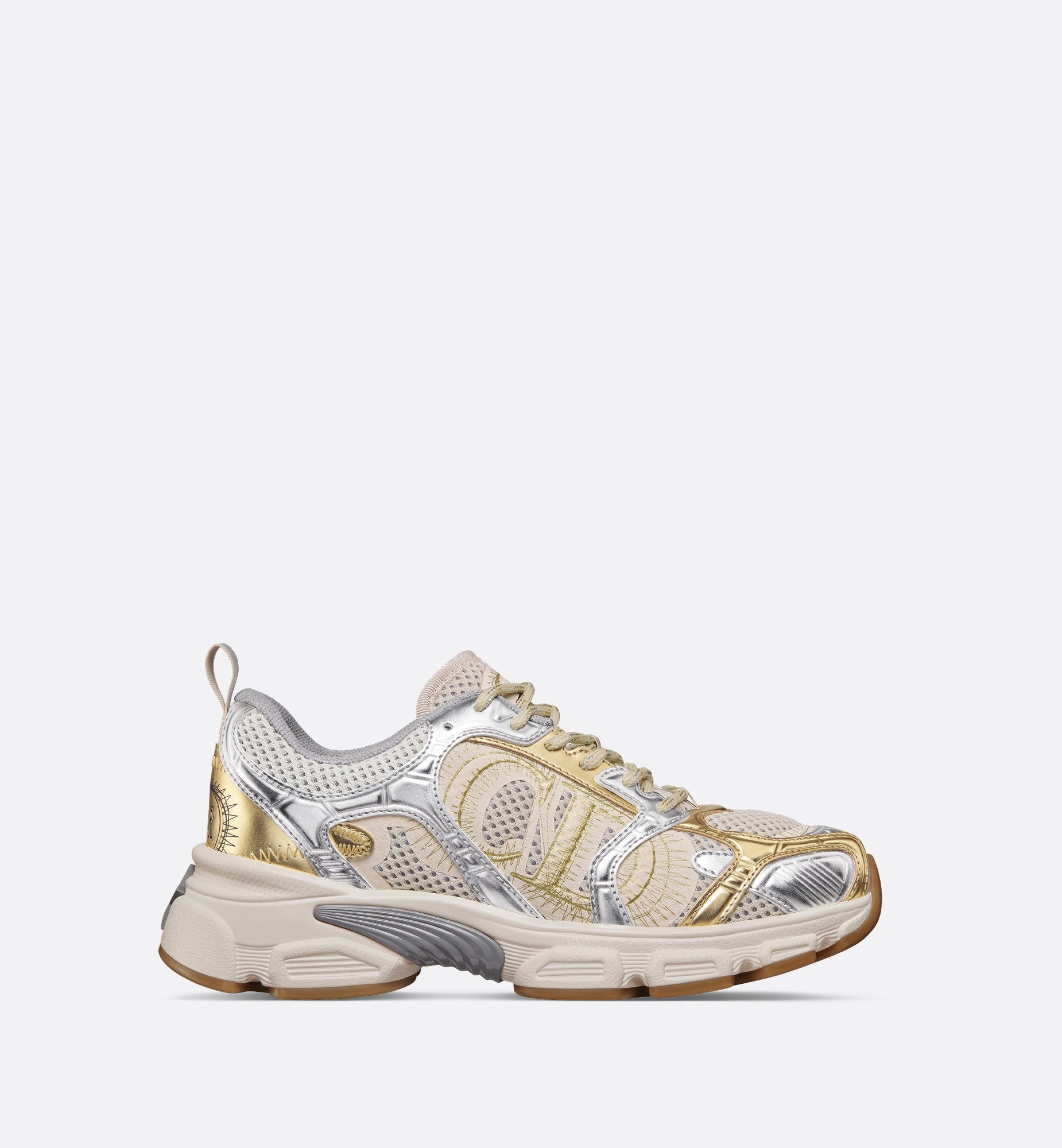 Dior Chrono Sneaker Beige Mesh With Gold-Tone And Silver-Tone Laminated Leather-Effect Panels