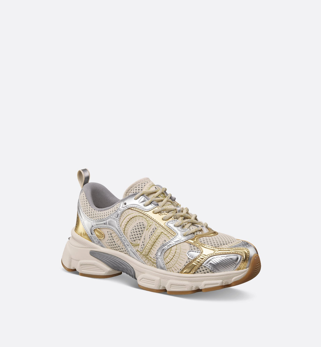 Chrono Sneaker Beige Mesh With Gold Tone And Silver Tone Laminated Leather Effect Panels