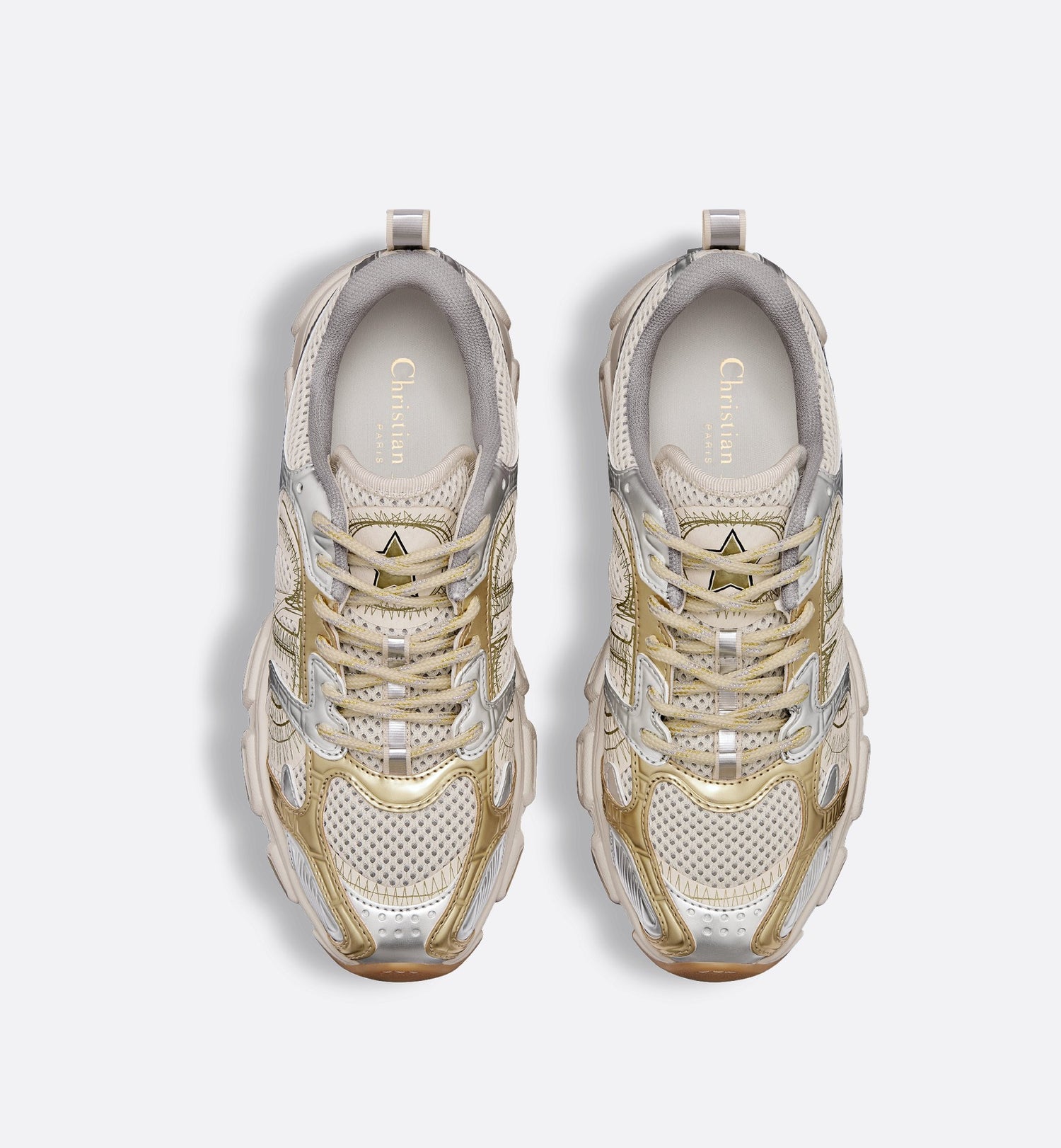 Dior Chrono Sneaker Beige Mesh With Gold-Tone And Silver-Tone Laminated Leather-Effect Panels