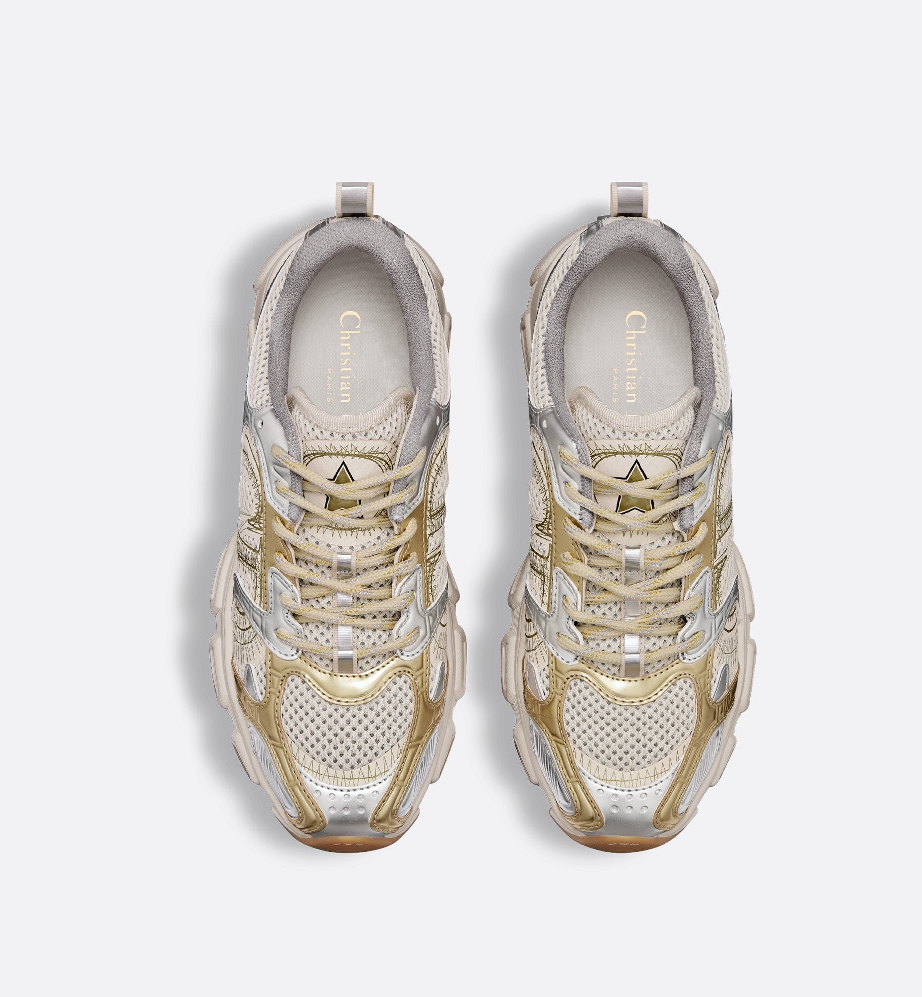 Dior Chrono Sneaker Beige Mesh With Gold-Tone And Silver-Tone Laminated Leather-Effect Panels