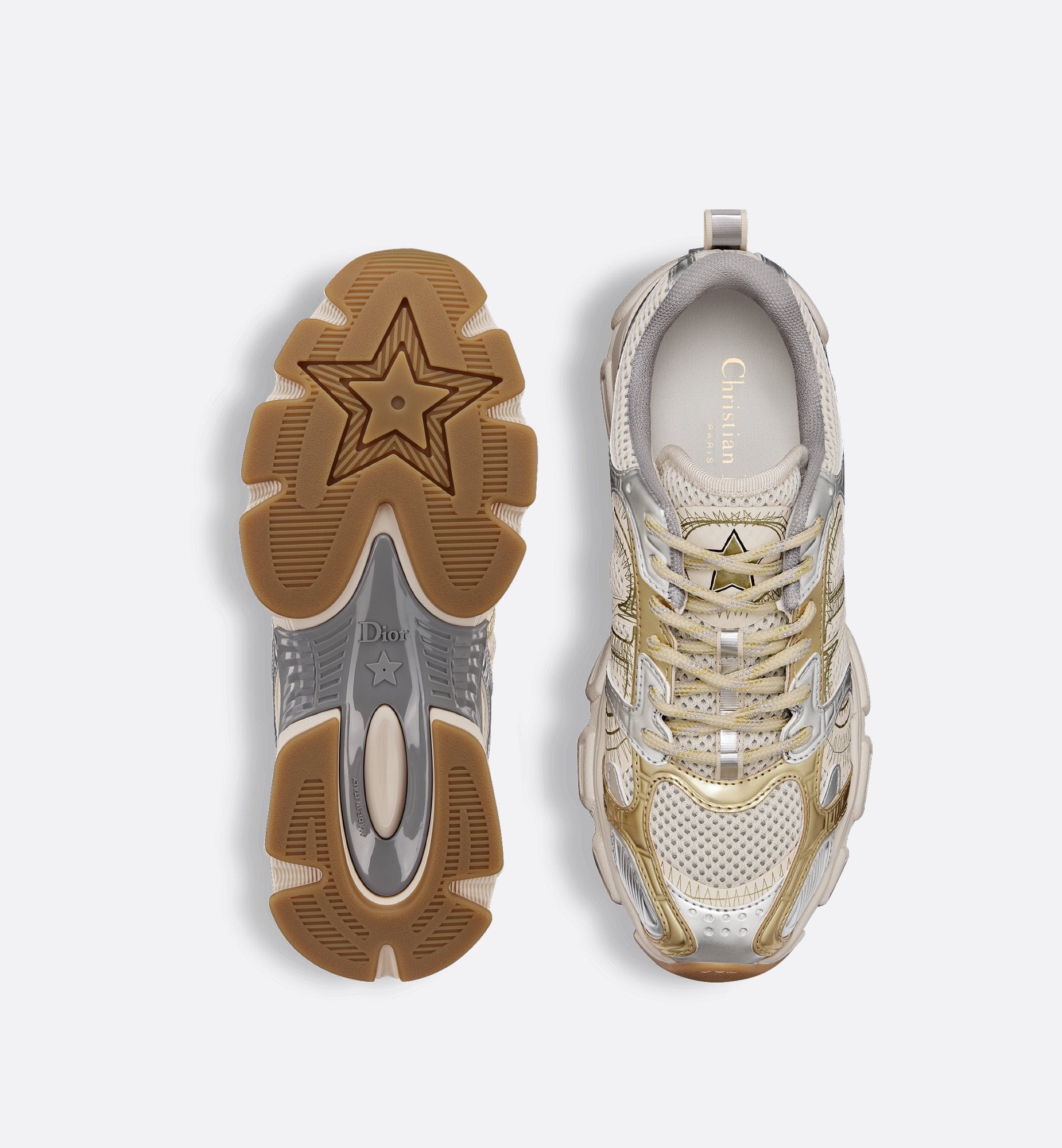 Dior Chrono Sneaker Beige Mesh With Gold-Tone And Silver-Tone Laminated Leather-Effect Panels