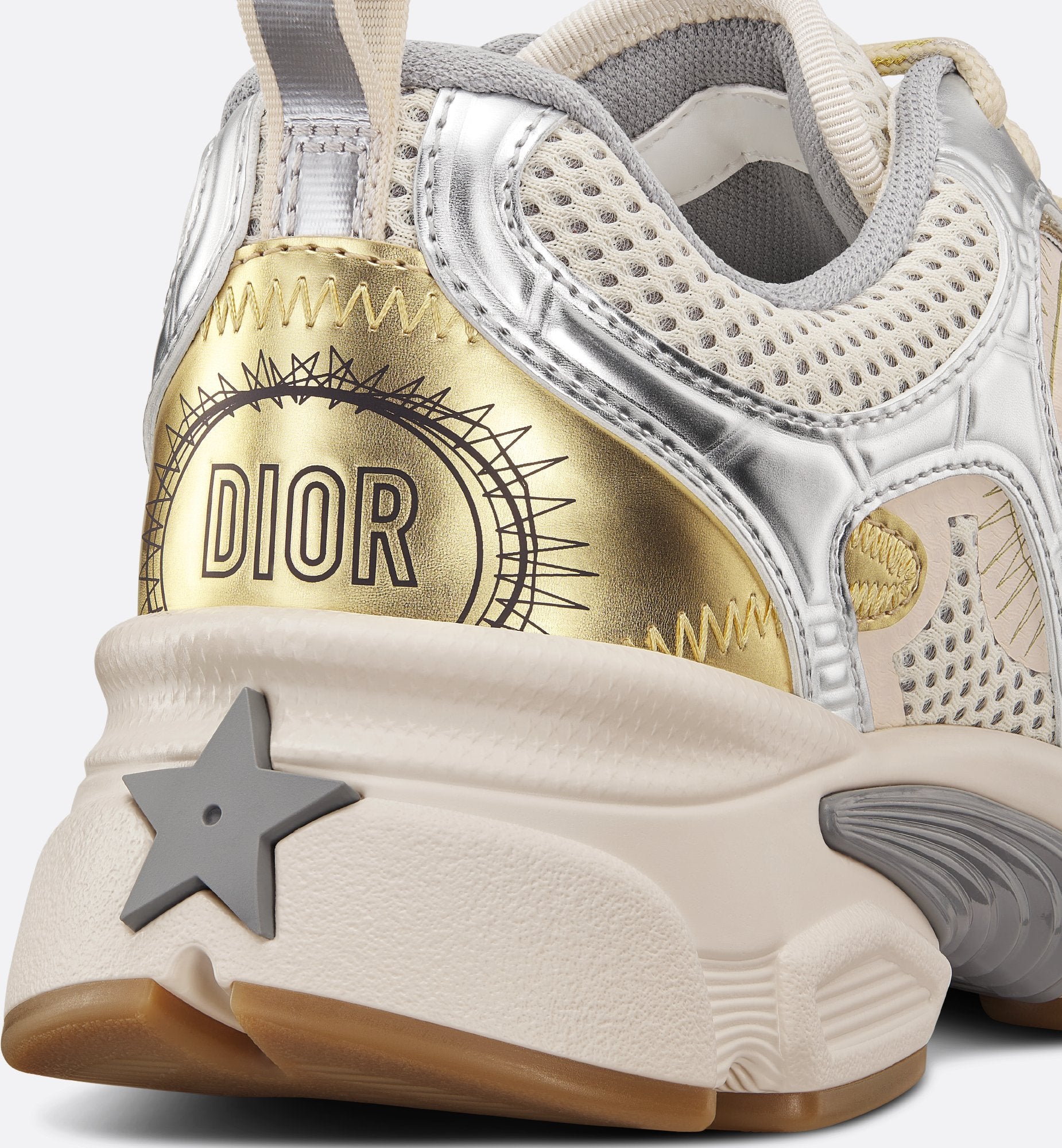 Dior Chrono Sneaker Beige Mesh With Gold-Tone And Silver-Tone Laminated Leather-Effect Panels