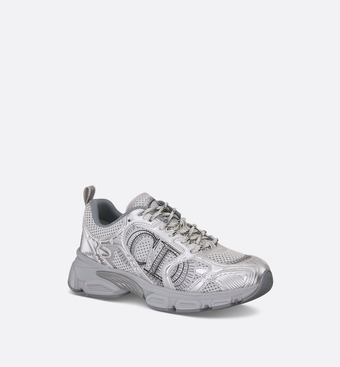 Dior Chrono Sneaker Gray Mesh With Silver-Tone Laminated Leather-Effect Panels