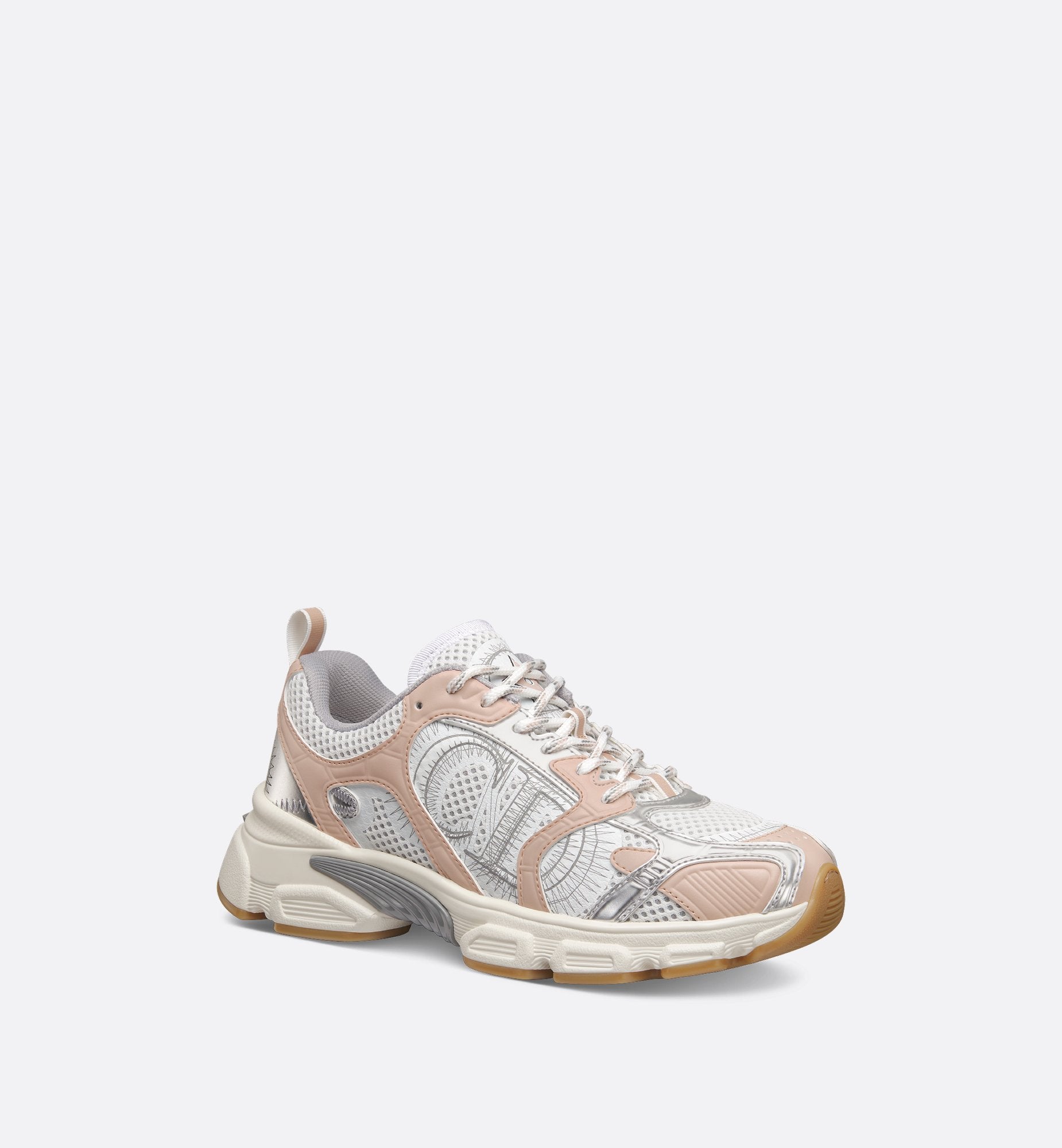 Dior Chrono Sneaker White Mesh With Nude And Silver-Tone Laminated Leather-Effect Panels