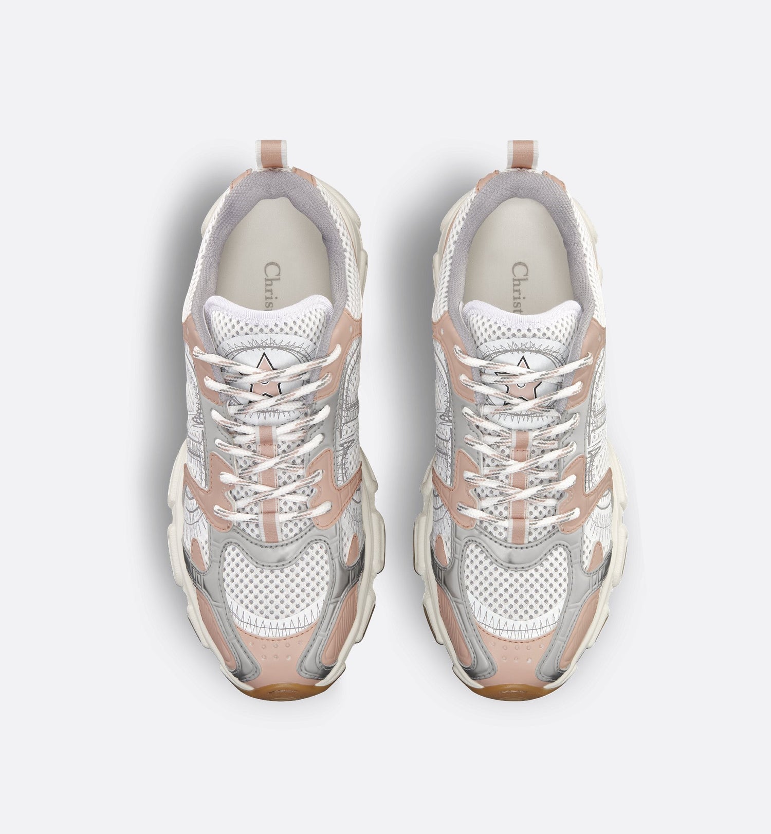 Dior Chrono Sneaker White Mesh With Nude And Silver-Tone Laminated Leather-Effect Panels