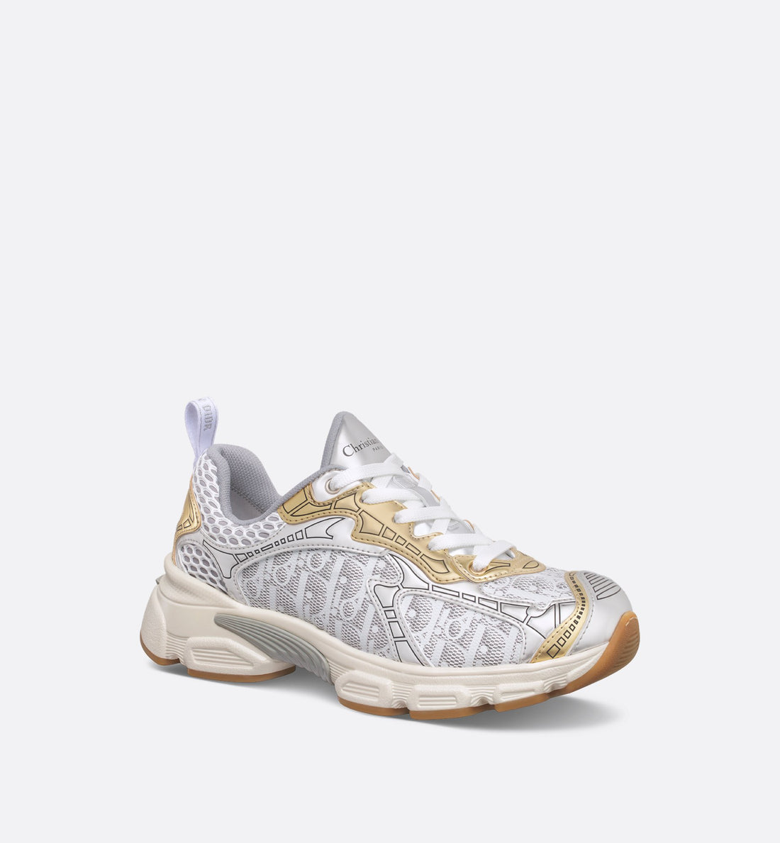 Vibe Sneaker White Mesh Printed With Oblique Motif And Gold And Silver Tone Laminated Leather Effect Panels