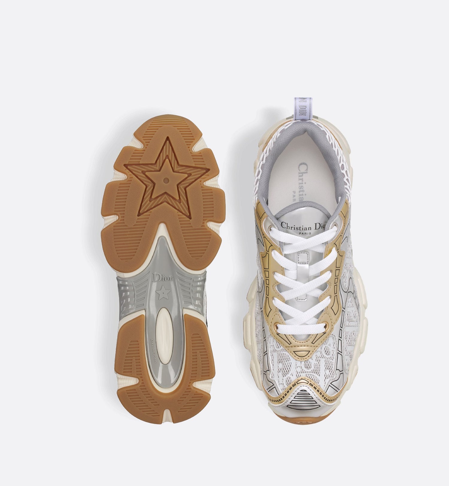 Vibe Sneaker White Mesh Printed With Oblique Motif And Gold And Silver Tone Laminated Leather Effect Panels