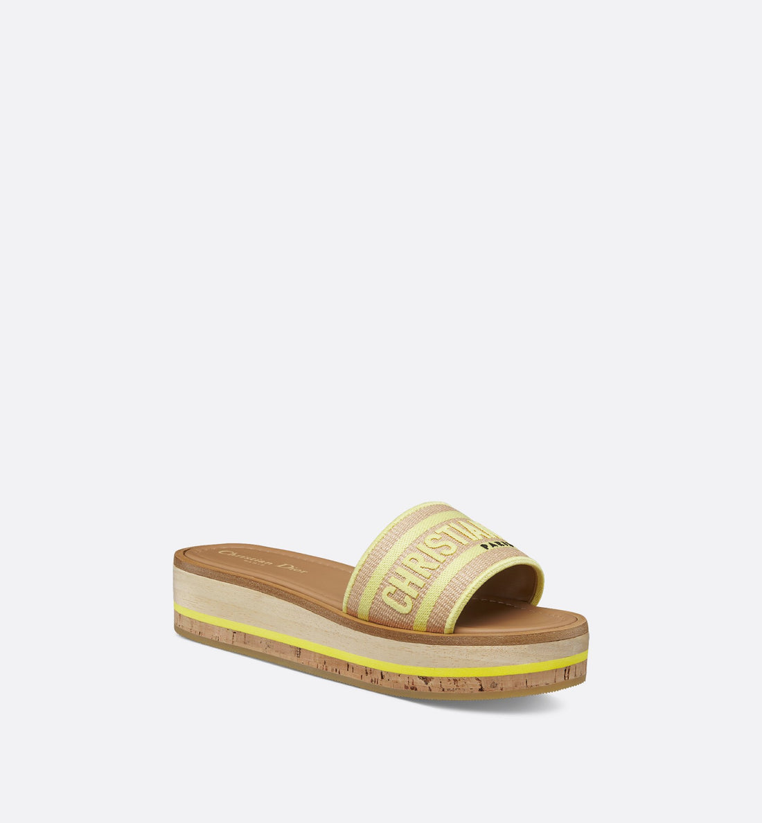 Dioriviera Dway Platform Slide Natural Raffia And Lemon Yellow Embroidered Cotton