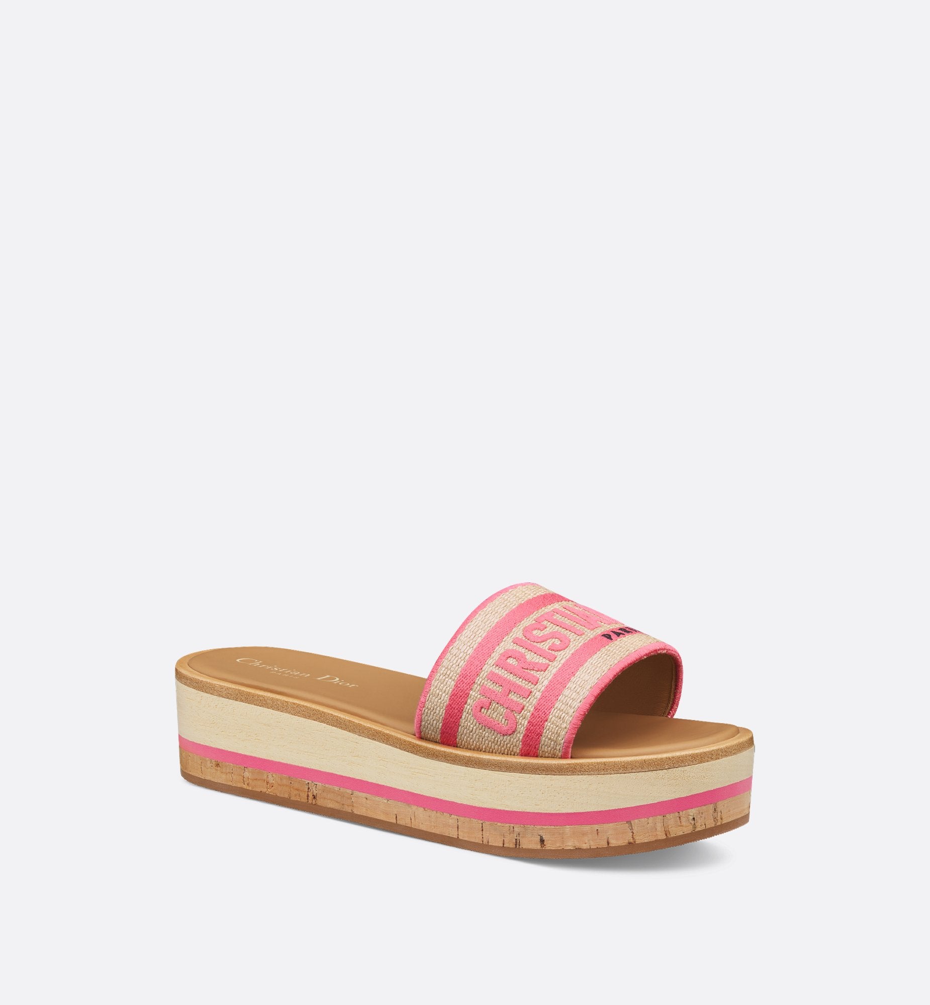 Dioriviera Dway Platform Slide Natural Raffia And Candy Pink Embroidered Cotton