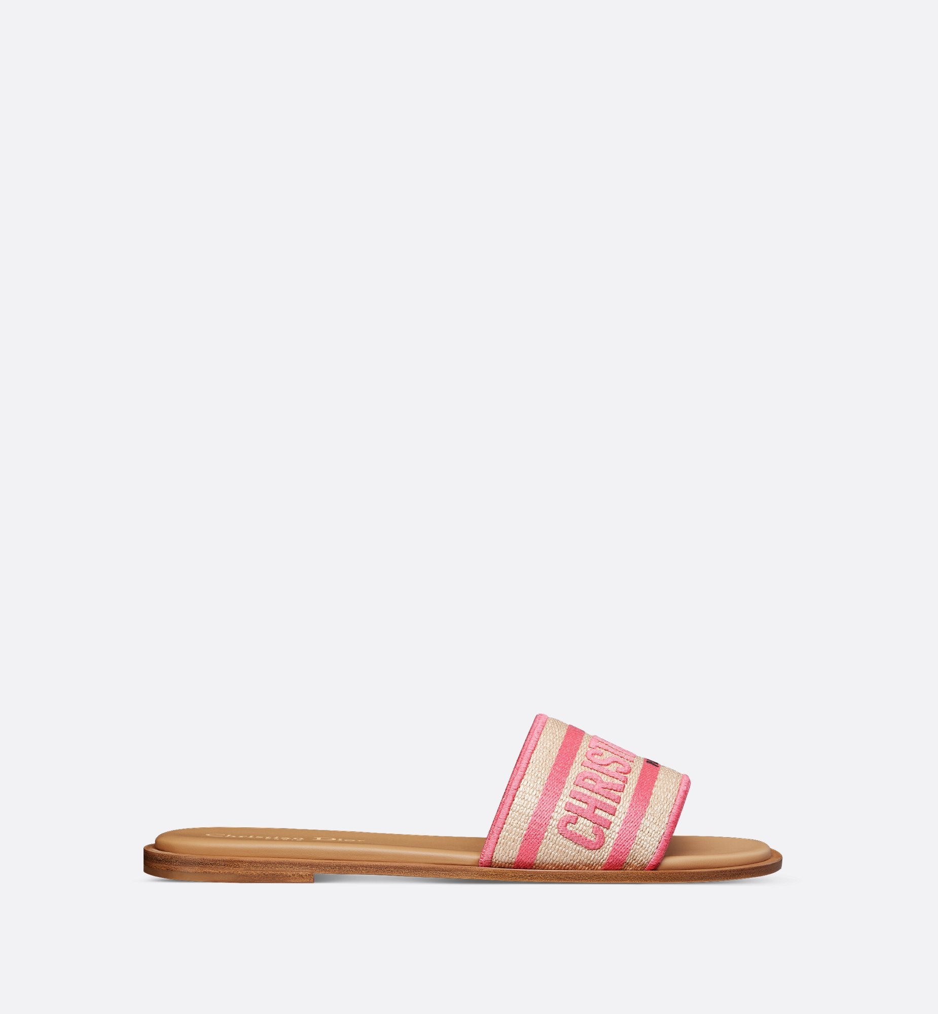 Dioriviera Dway Slide Natural Raffia And Candy Pink Embroidered Cotton