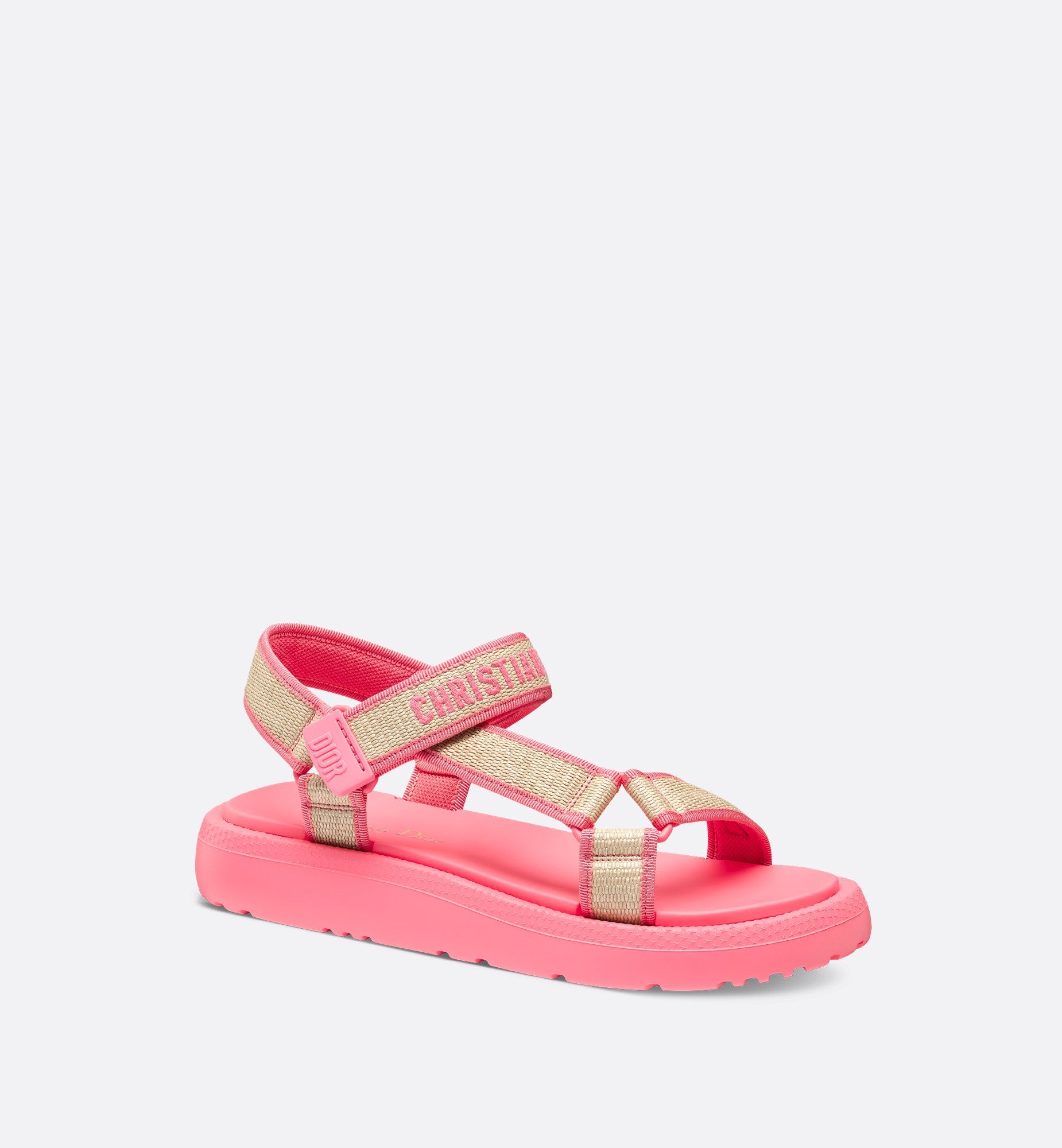 Dioriviera D-Wave Sandal Natural Raffia And Candy Pink Embroidered Cotton