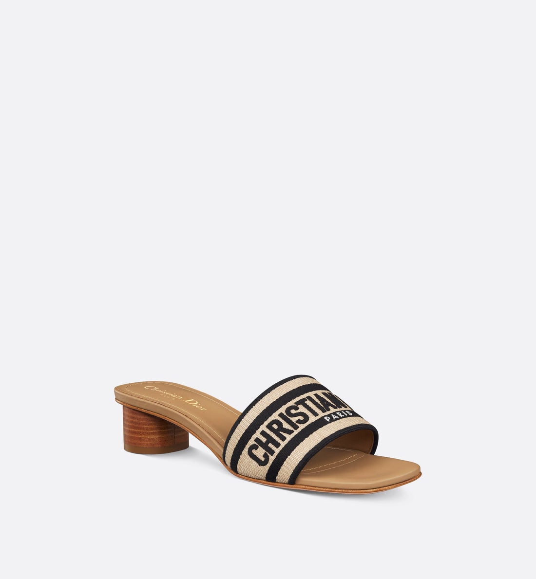 Dway Heeled Slide Natural Raffia And Black Embroidered Cotton