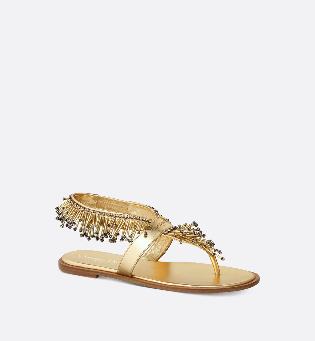 Eclat Thong Sandal Gold Tone Laminated Lambskin With Cabochons And Strass