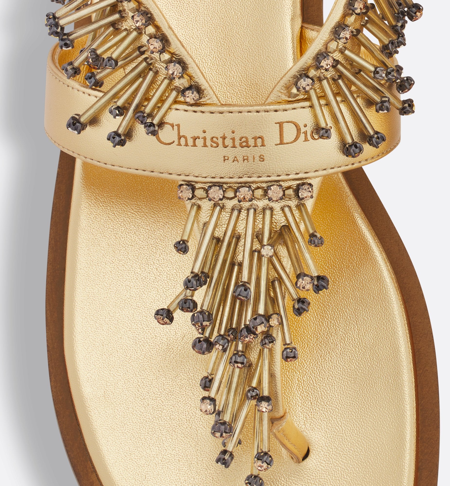 Dior Eclat Thong Sandal Gold-Tone Laminated Lambskin With Cabochons And Strass