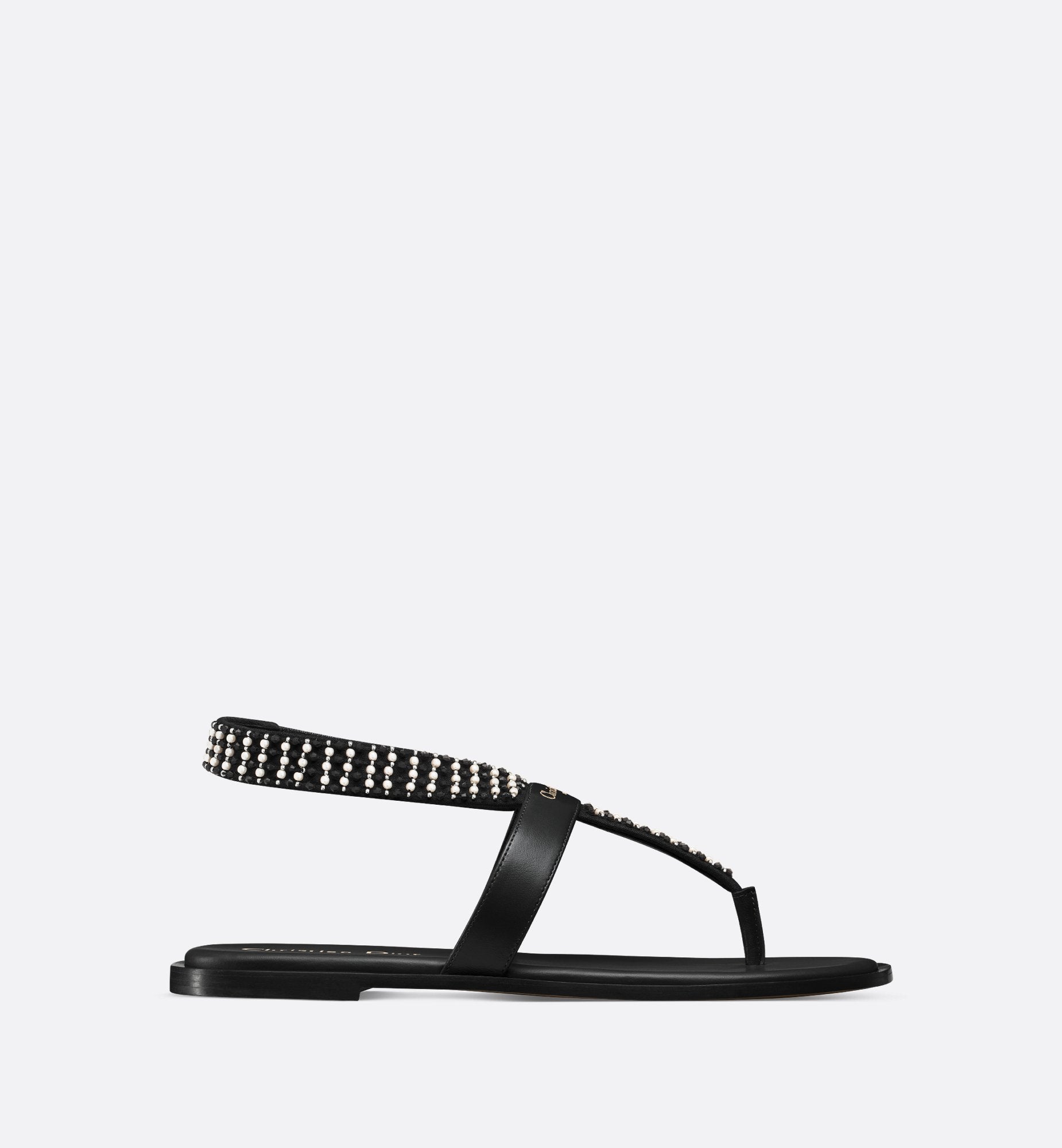 Dior Eclat Thong Sandal Black Lambskin With Black And White Resin Pearls