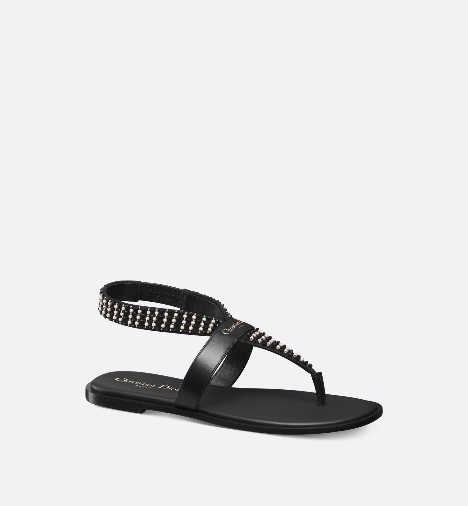 Dior Eclat Thong Sandal Black Lambskin With Black And White Resin Pearls