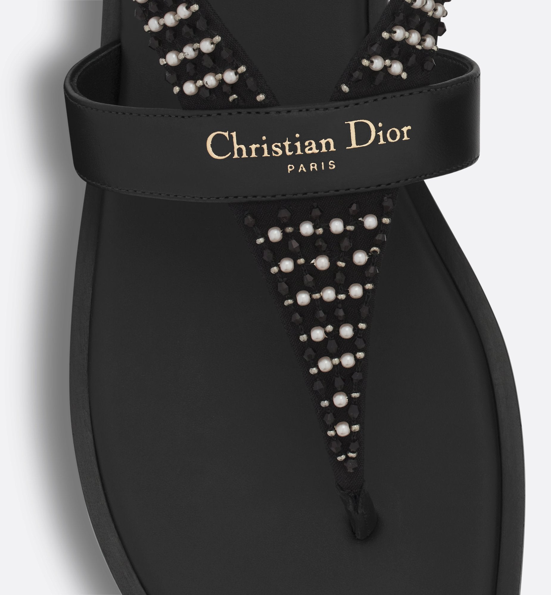 Dior Eclat Thong Sandal Black Lambskin With Black And White Resin Pearls