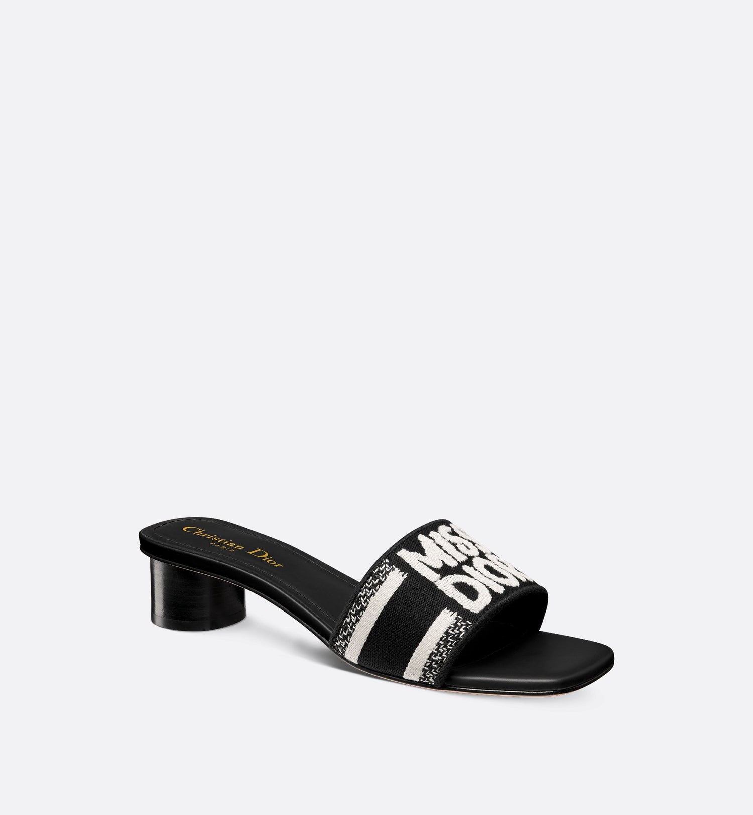 Dway Heeled Slide Black And White Embroidered Cotton