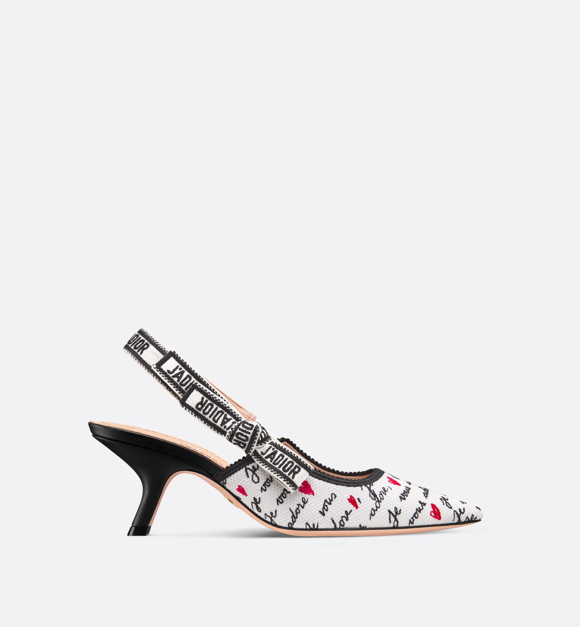 JAdior Dioramour Slingback Pump White Cotton With Embroidered Black And Red Je Vous Adore Motif