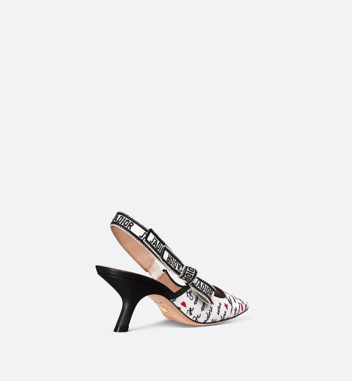 JAdior Dioramour Slingback Pump White Cotton With Embroidered Black And Red Je Vous Adore Motif