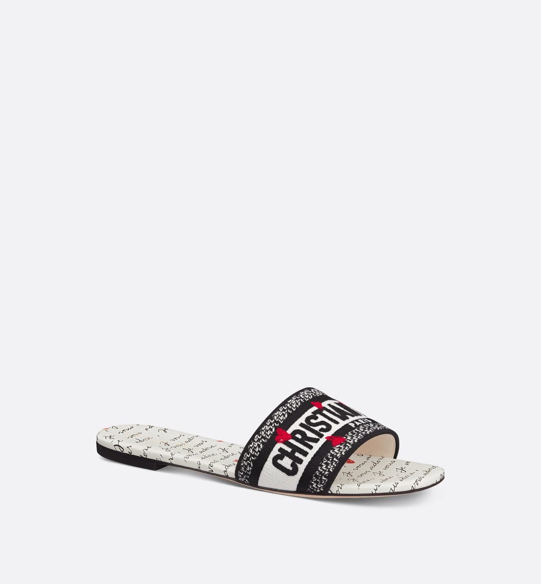 Dioramour Dway Slide Black And White Embroidered Cotton With Black And Red Je Vous Adore Motif