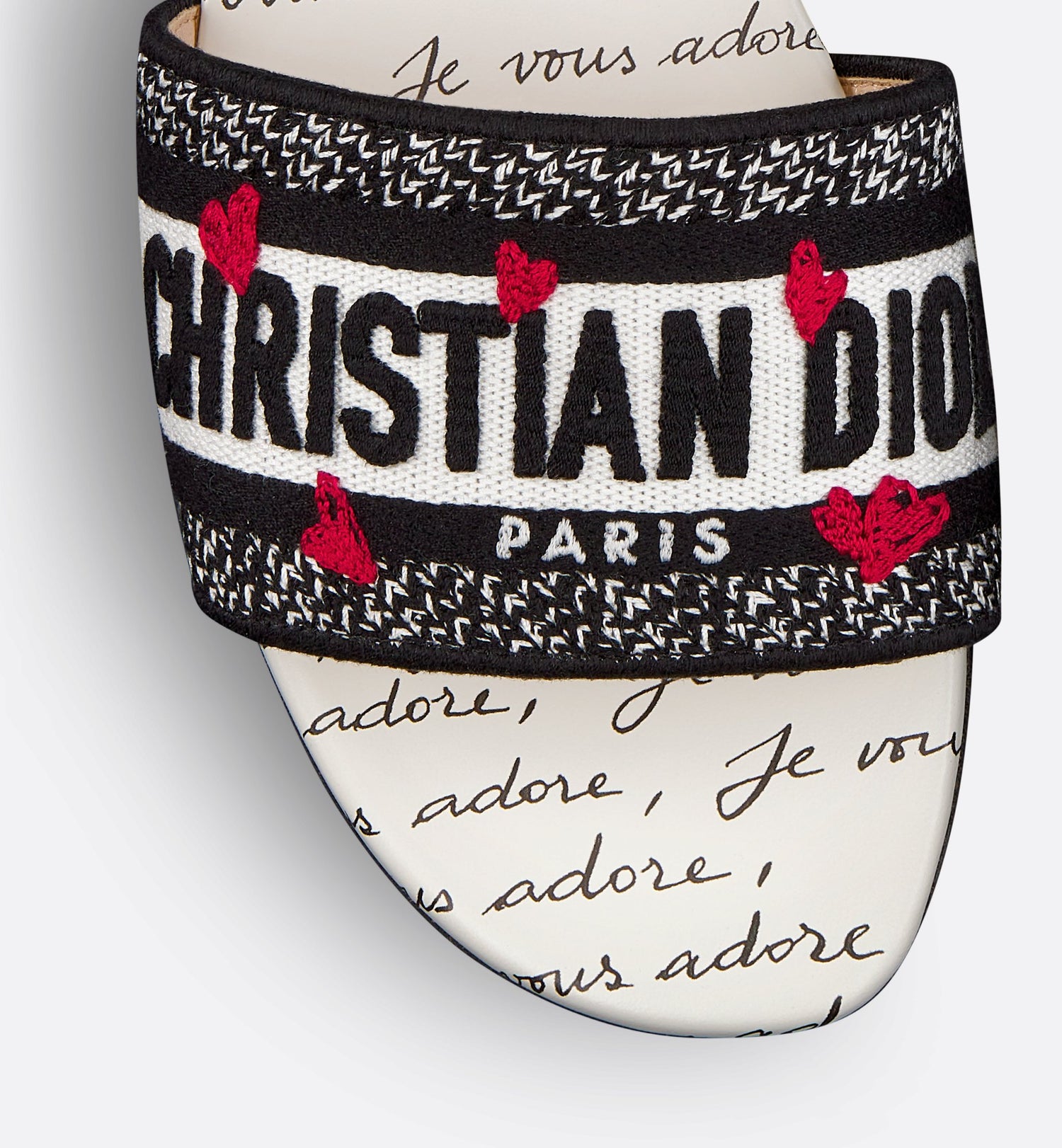 Dioramour Dway Slide Black And White Embroidered Cotton With Black And Red Je Vous Adore Motif