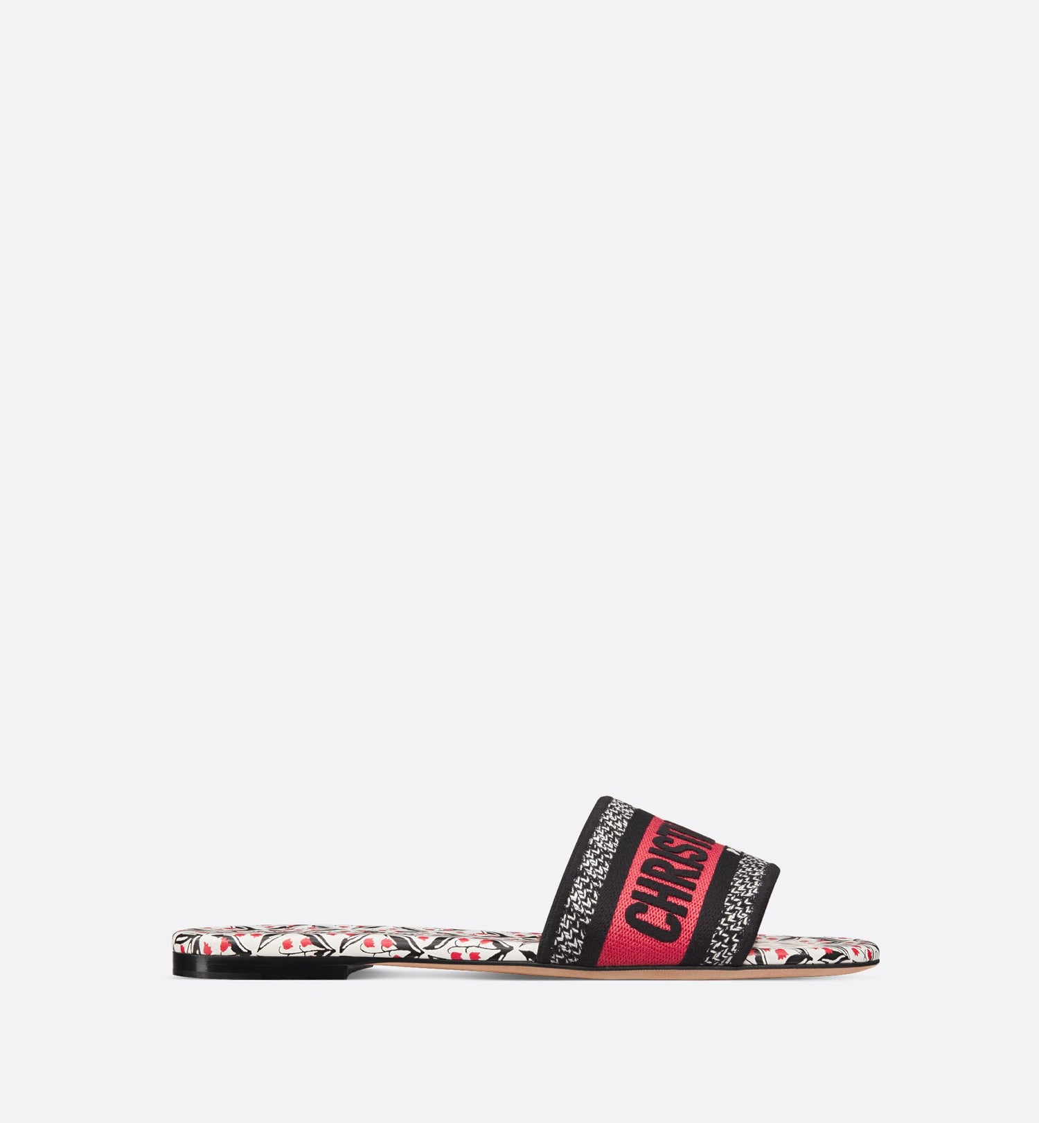 Dioramour Dway Slide Black And Red Embroidered Cotton With White, Black And Red Dior Lily Of The Valley Motif