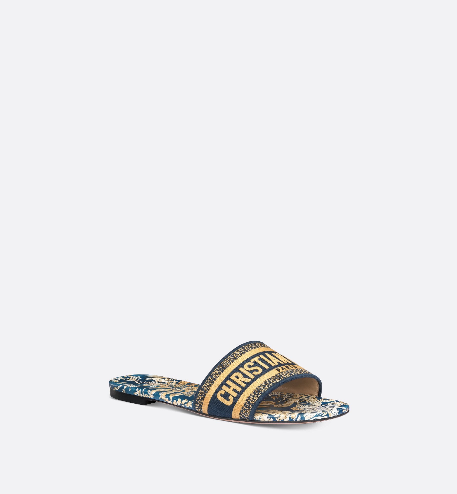 Dway Slide Navy Blue And Beige Embroidered Cotton And Dior Idylle Motif